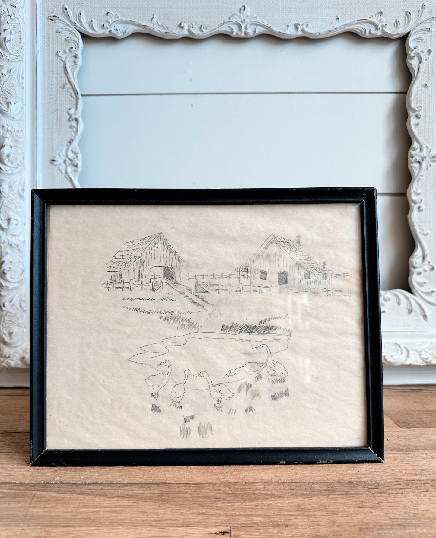 Vintage Pencil Sketch, Farm & Ducks