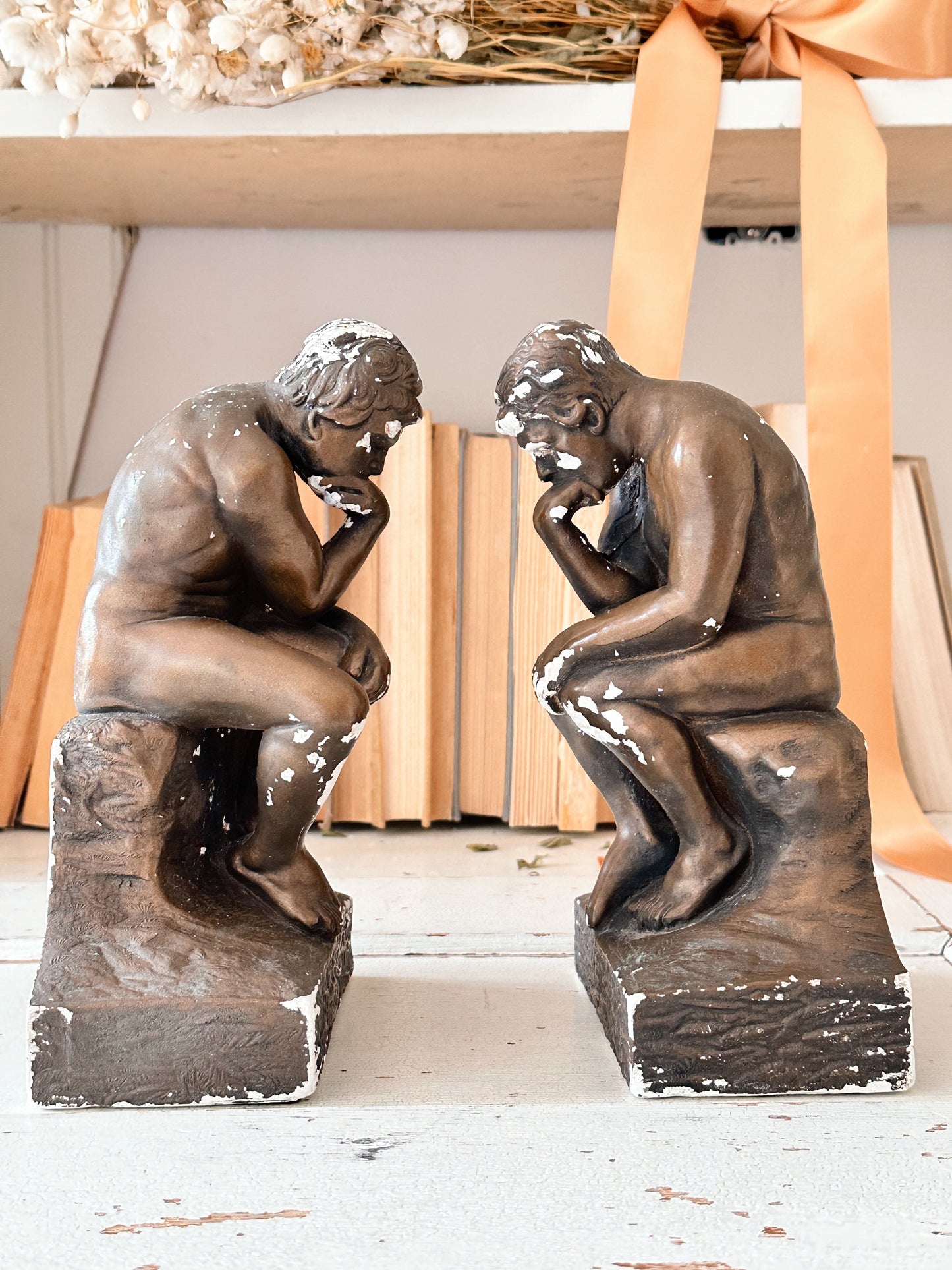 Pair of Chippy Vintage Esco Bookends, “The Thinker”