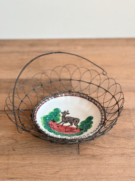 Antique French Wire Basket with French Hand Painted Opaque De Sarreguemines Porcelain Bottom