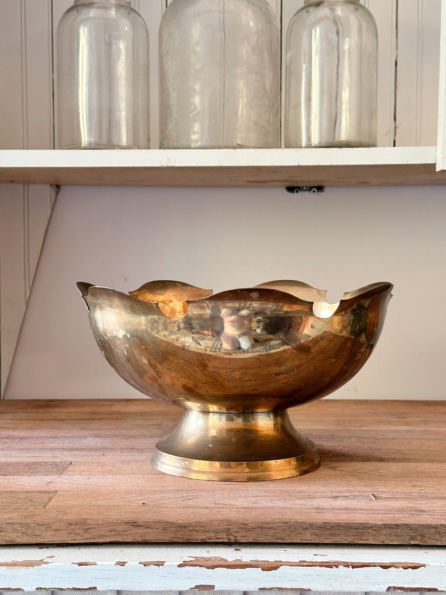 Vintage Brass Pedestal Bowl with Scalloped Edge