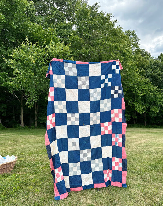 Vintage Nine Patch With Alternate Blocks Quilt Top