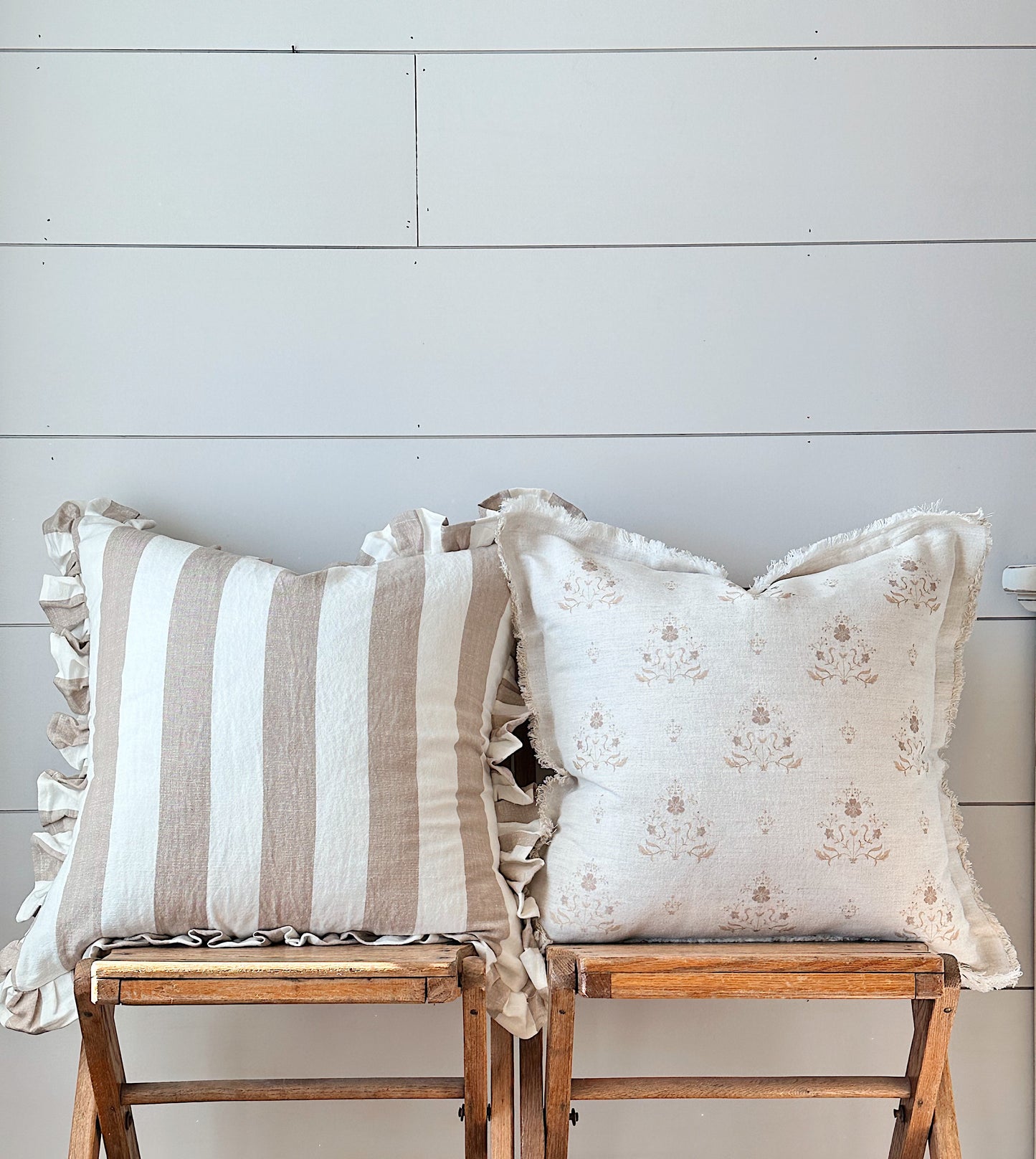 Ruffled Tan Stripe Pillow Cover