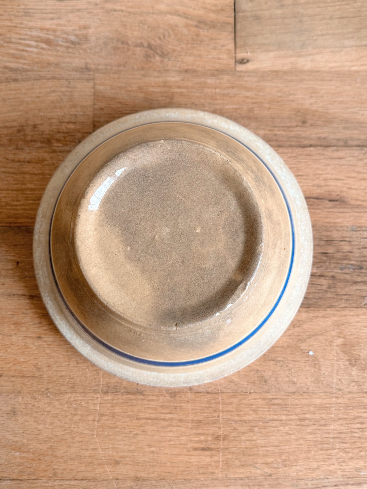 Beautifully Stained Yellow Ware Stoneware Bowl with Blue Stripes
