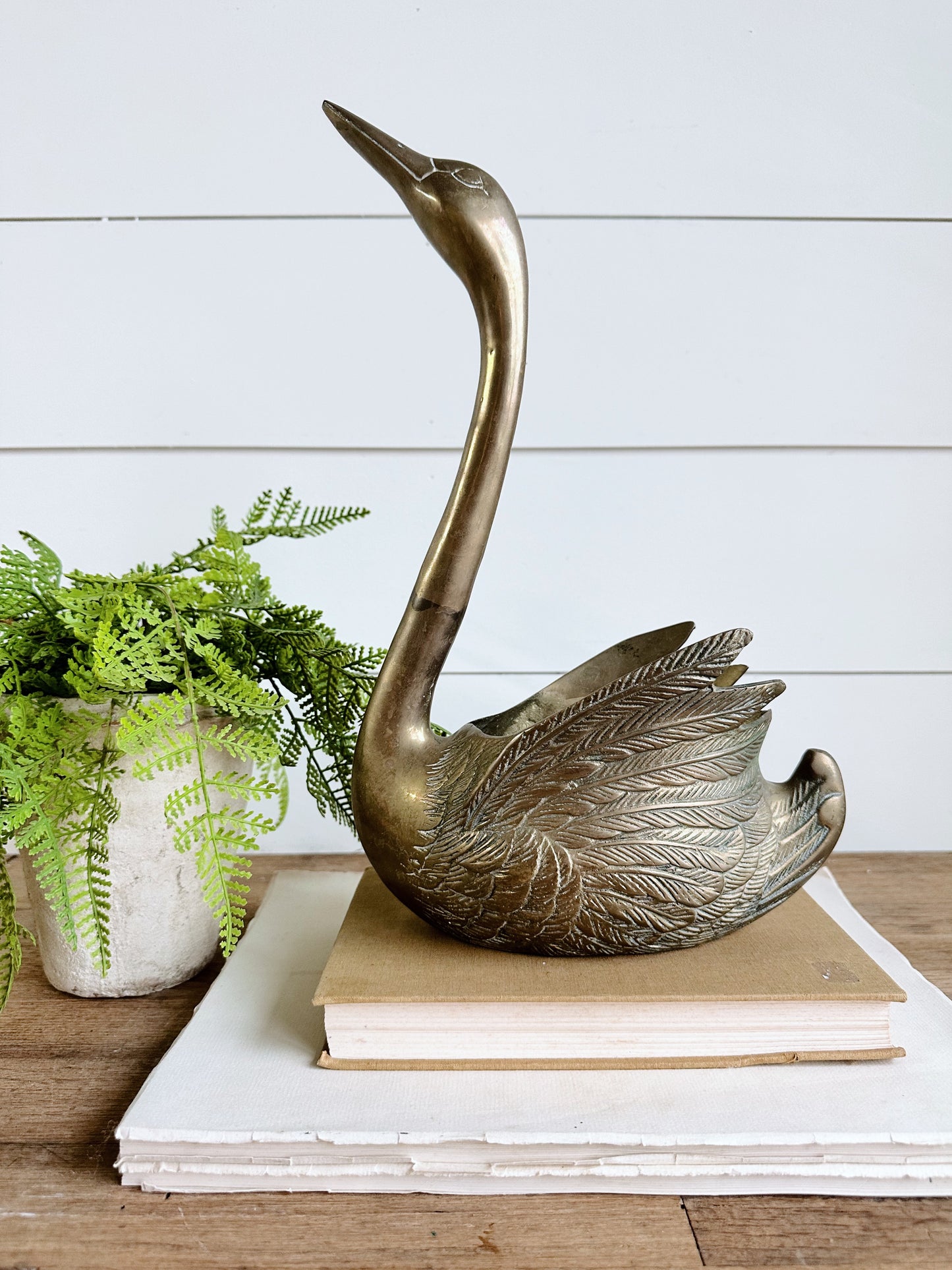 Large Vintage Brass Swan Planter