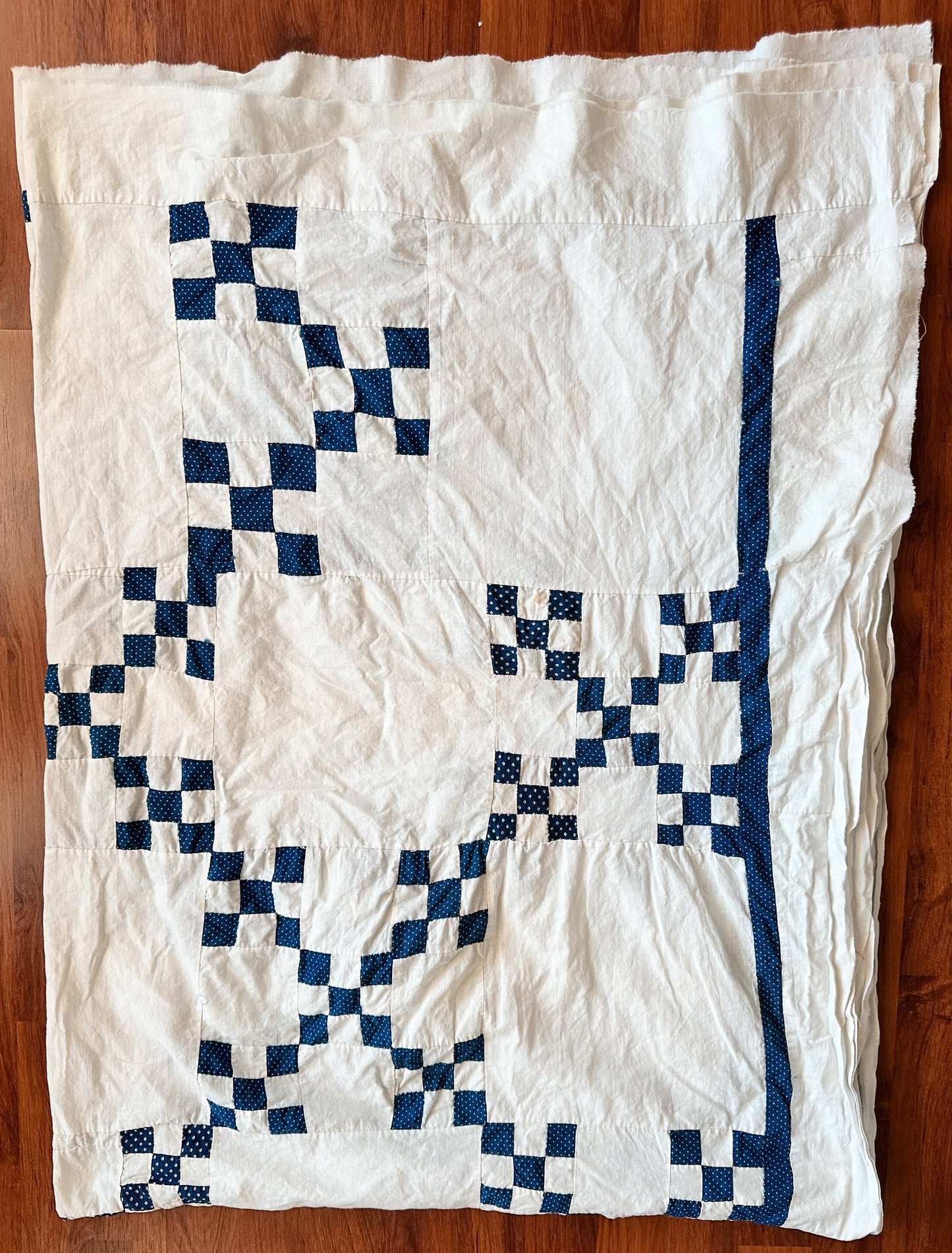 Vintage Hand Stitched Blue & White Double Irish Chain Quilt Top
