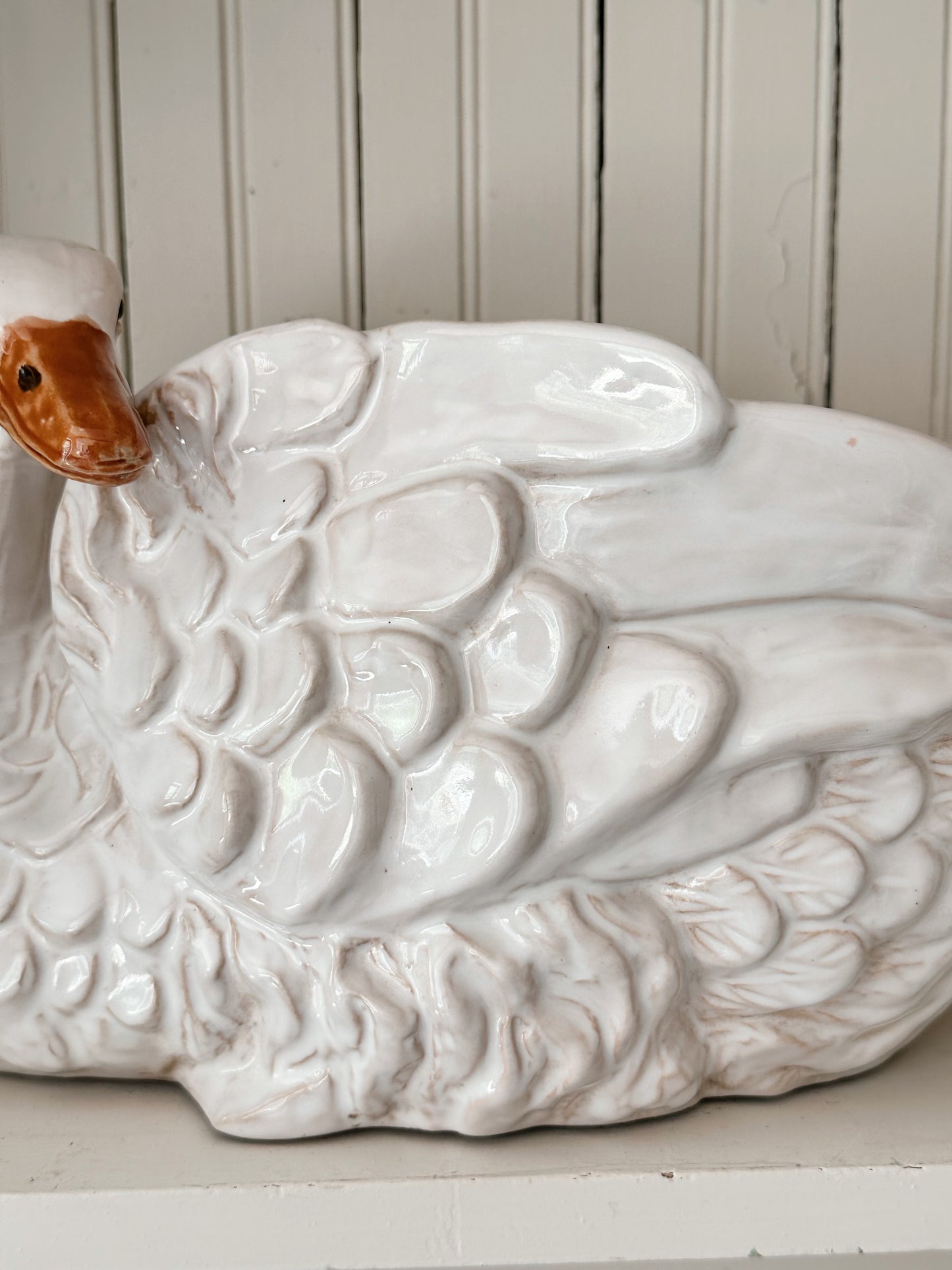 Large Vintage Glazed Terra Cotta Swan Planter