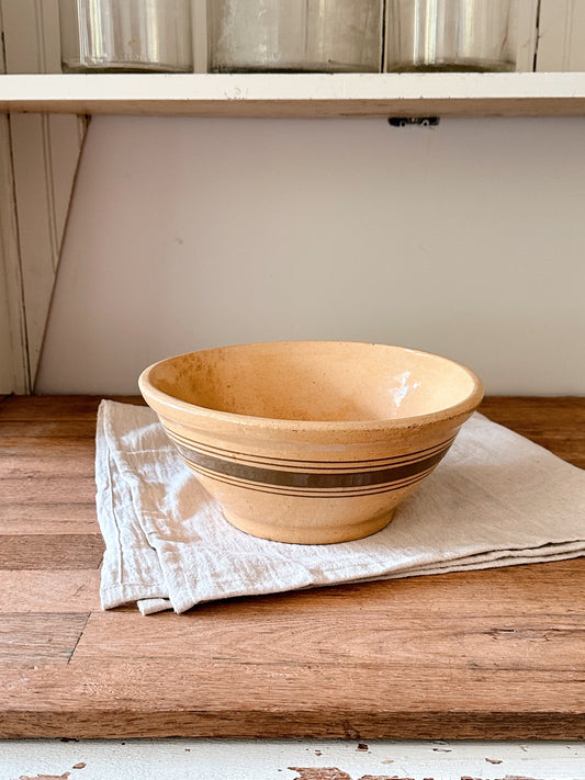 Vintage Yellow Ware Bowl with Brown Stripe