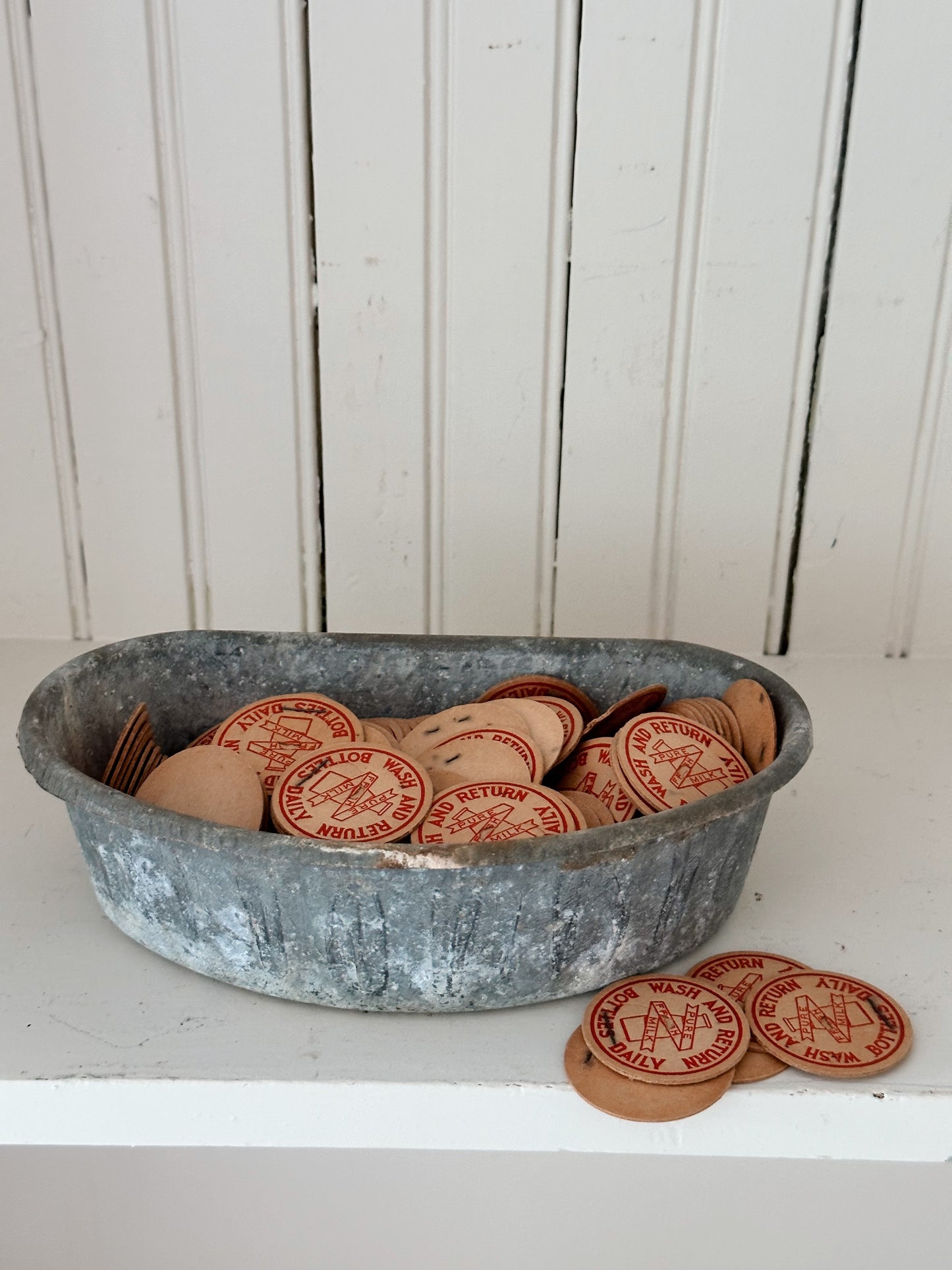 Vintage Galvanized Feeder Filled with Vintage Milk Bottle Caps