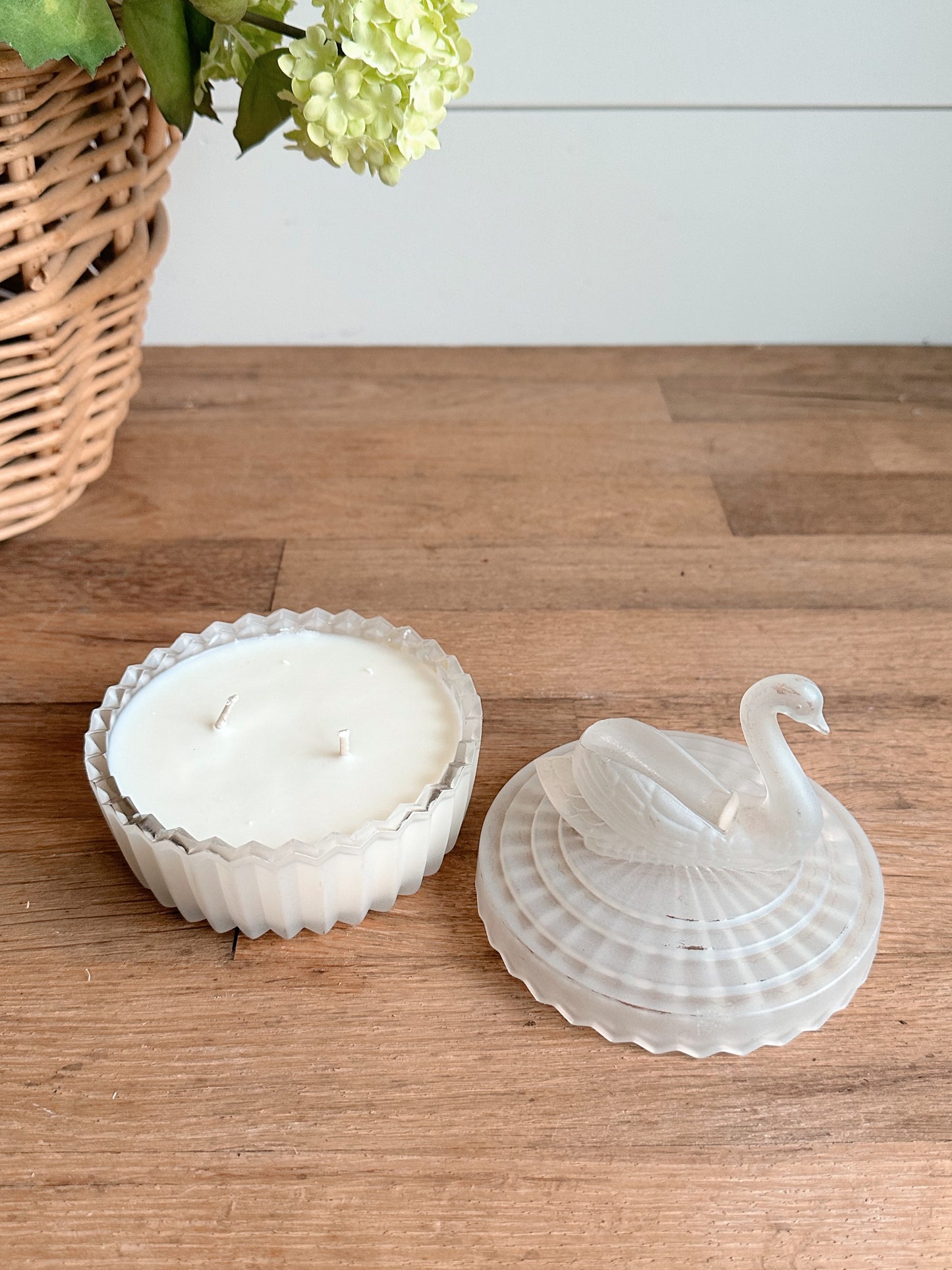 Hand Poured Peach Marmalade in a Glass Swan Powder Jar