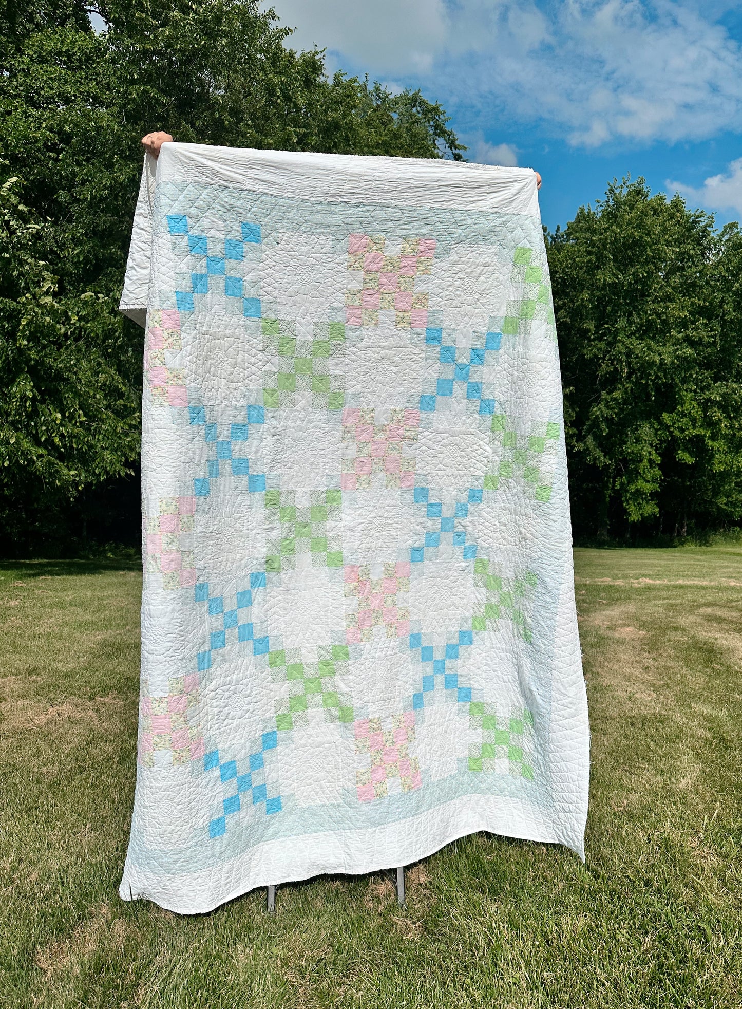 Vintage Hand Stitched Pastel Irish Chain Variation Quilt