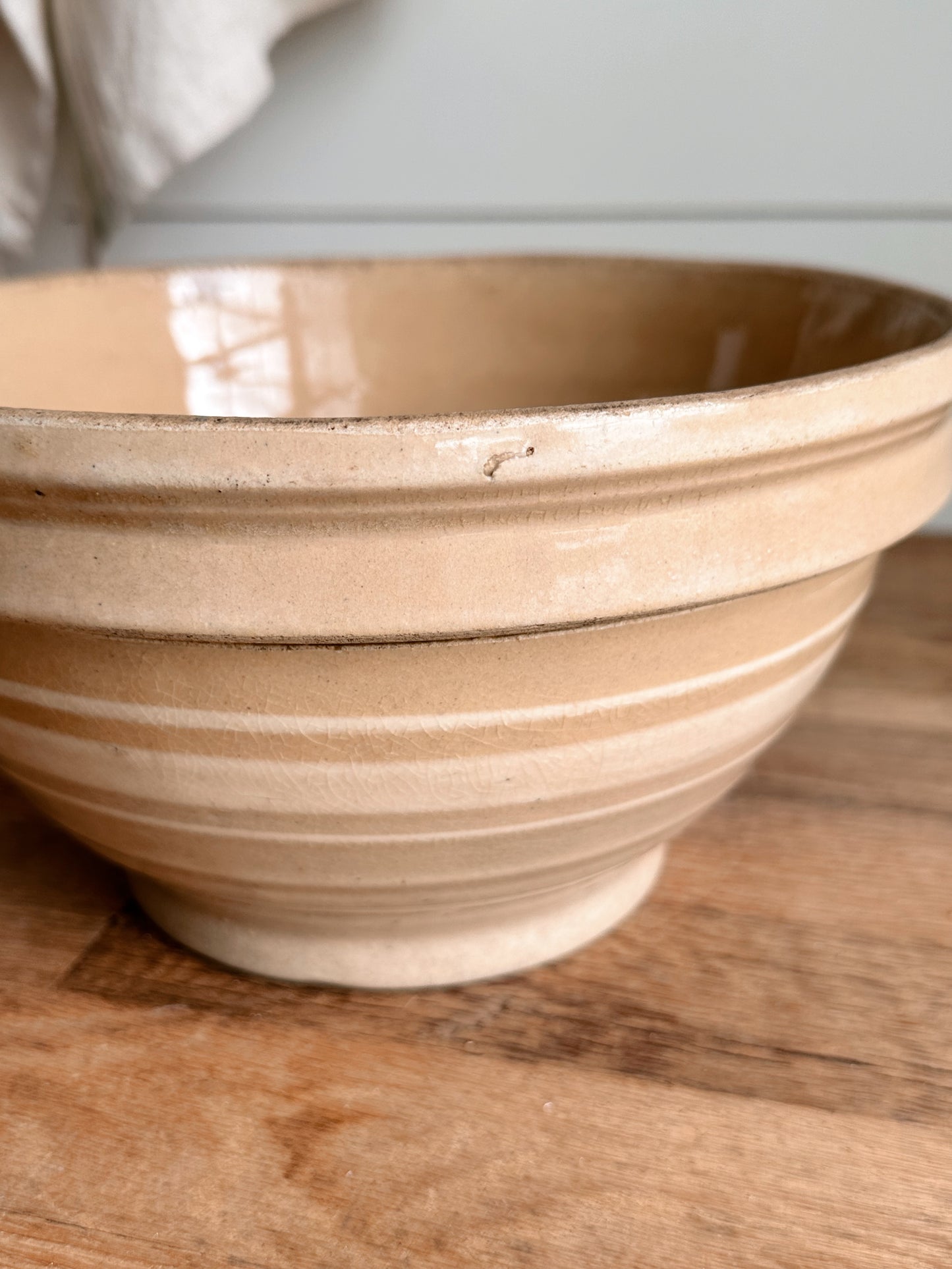 Vintage Stoneware Bowl with Three White Stripes
