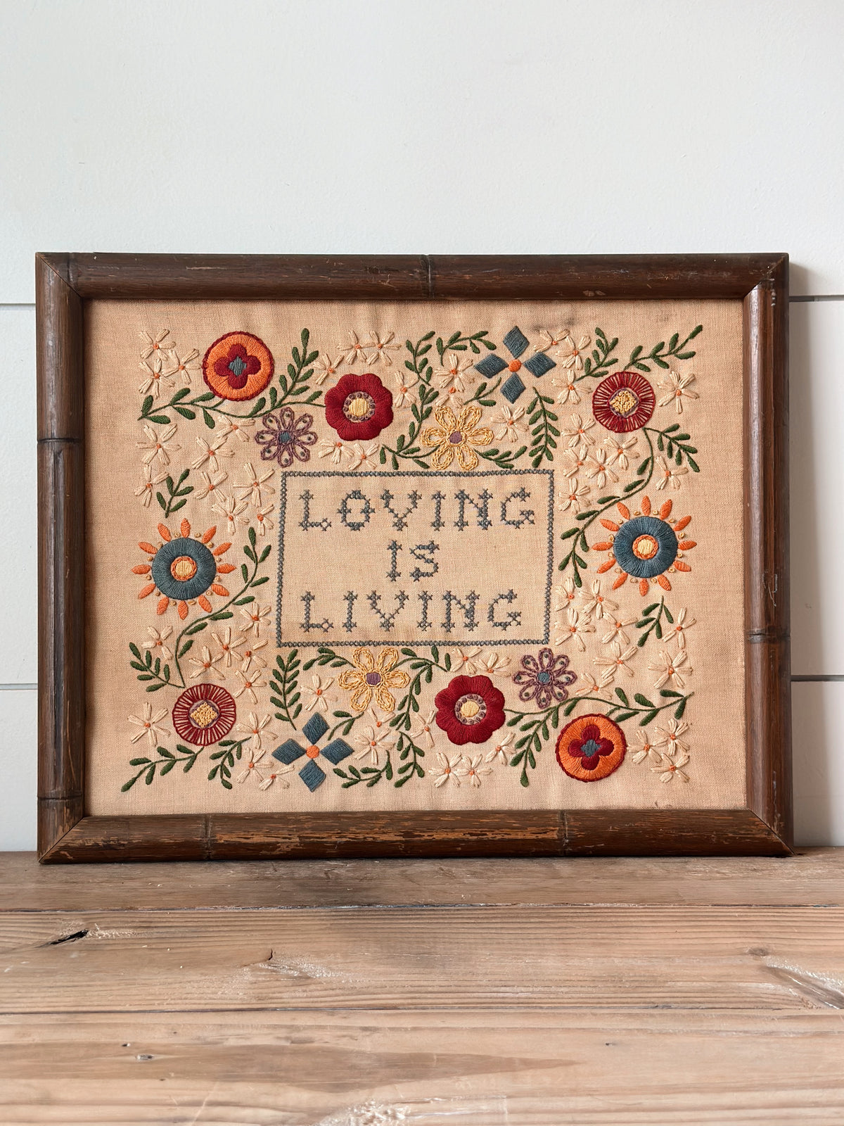 Vintage Love Is Living Embroidered Wall Hanging