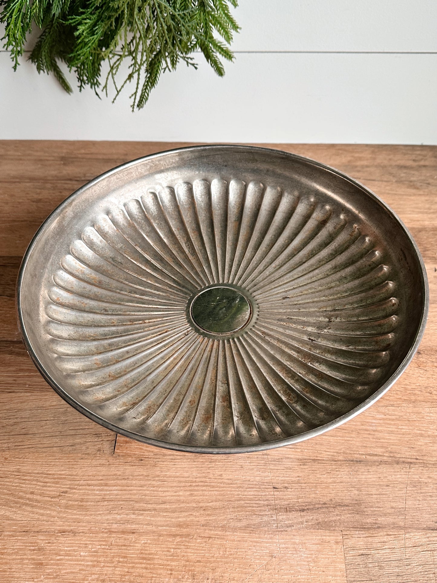 Vintage Fluted Tin Pedestal Dish