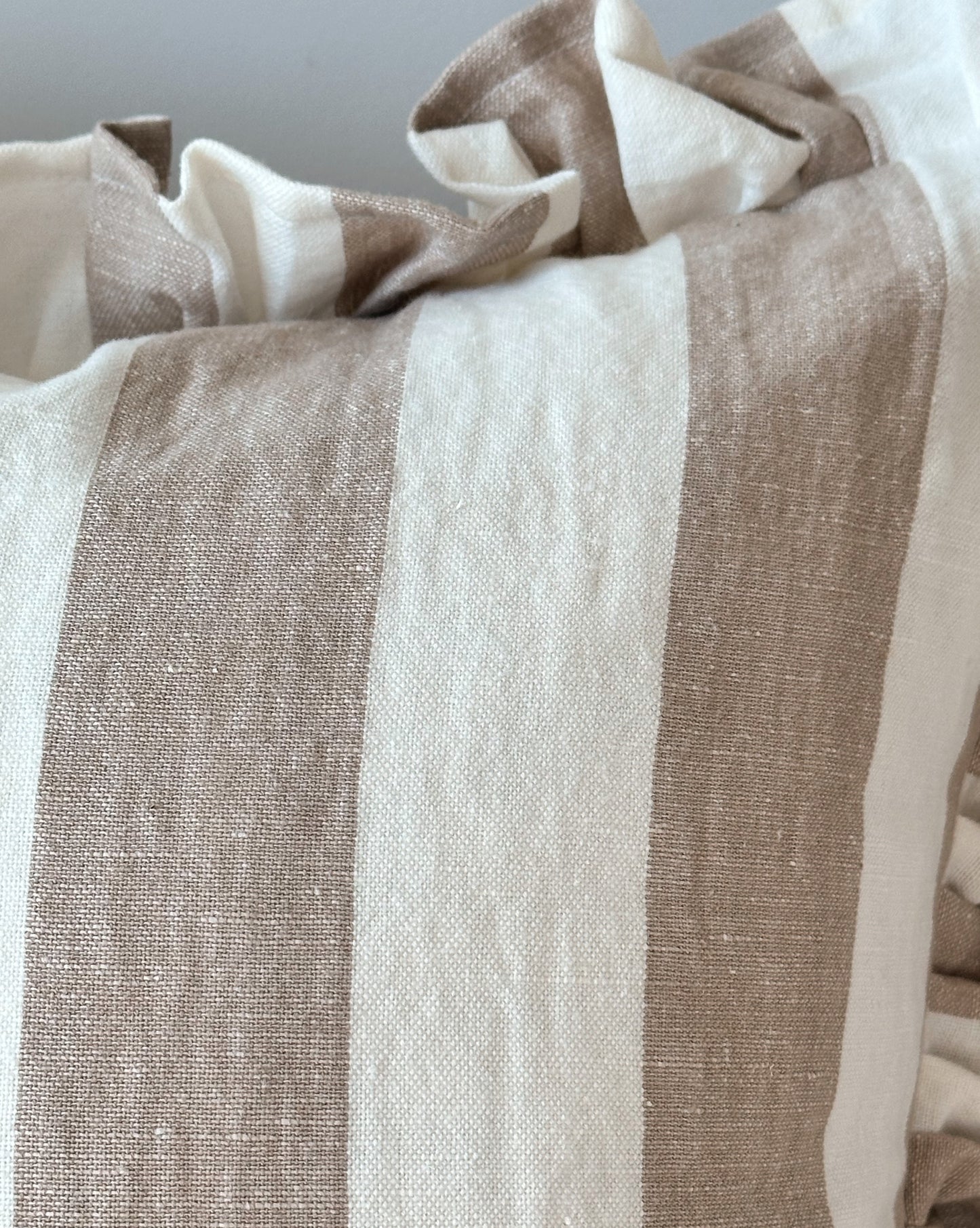 Ruffled Tan Stripe Pillow Cover