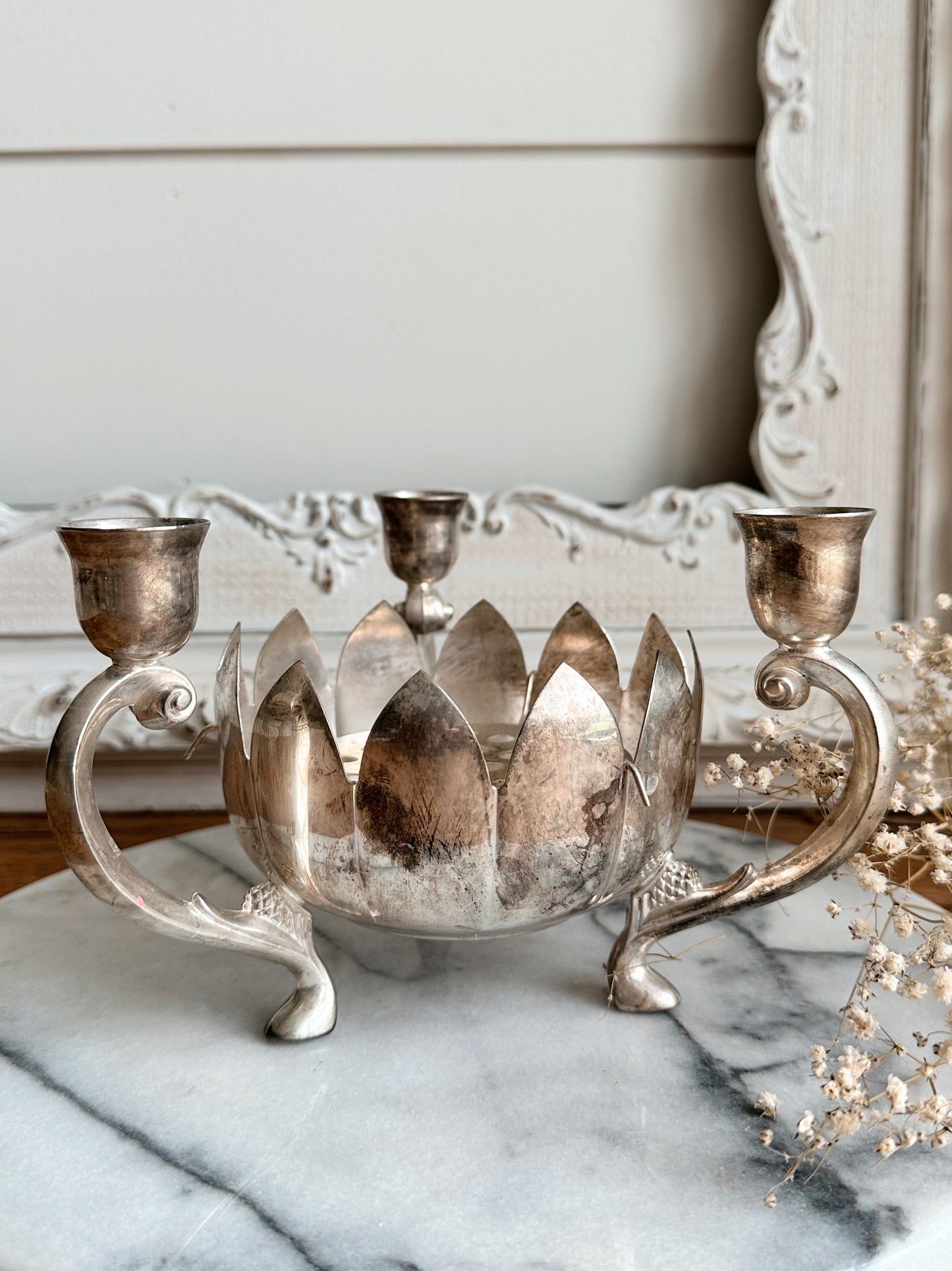 Vintage Silver Plate Lotus Bowl Candelabra