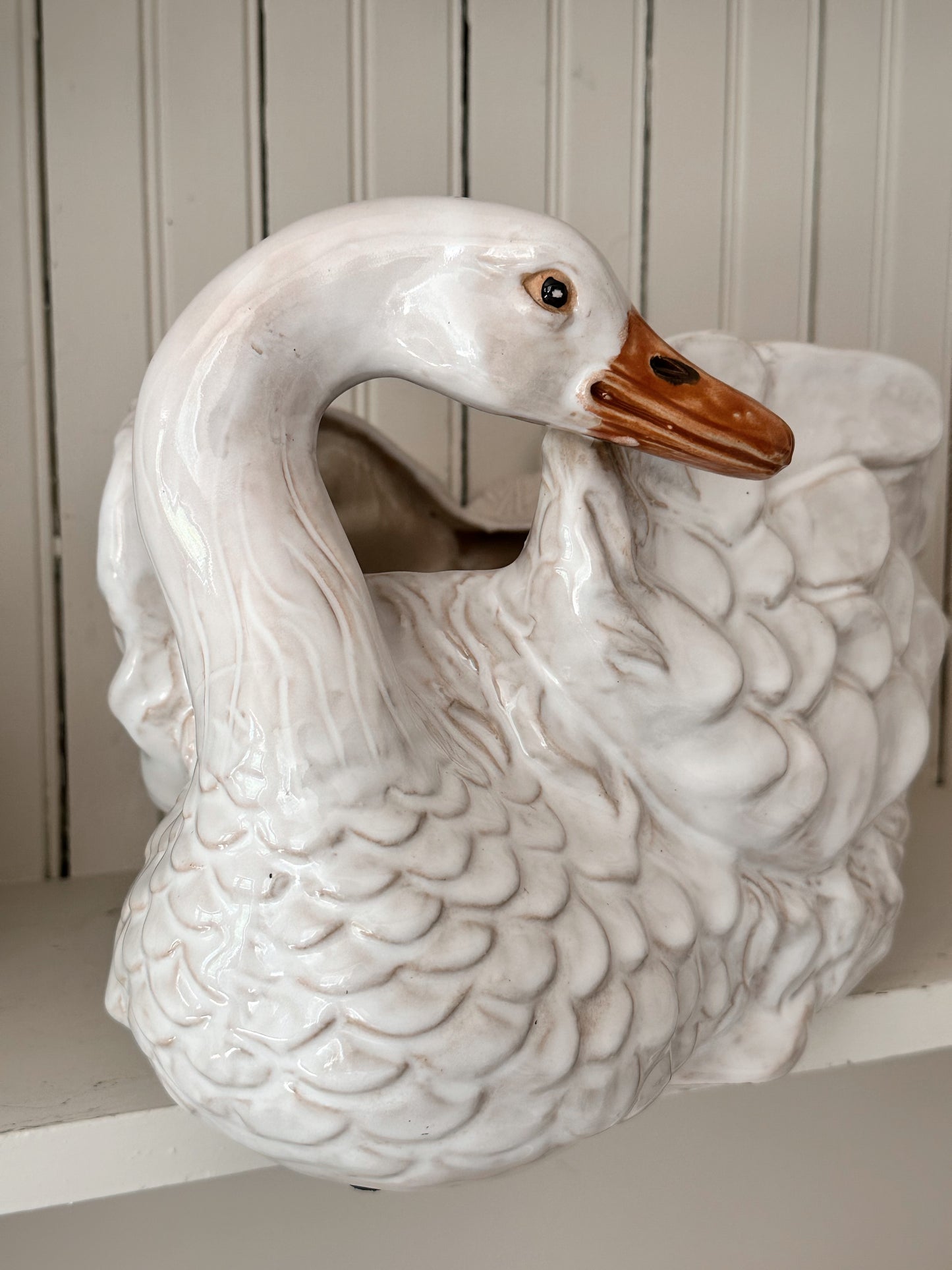 Large Vintage Glazed Terra Cotta Swan Planter