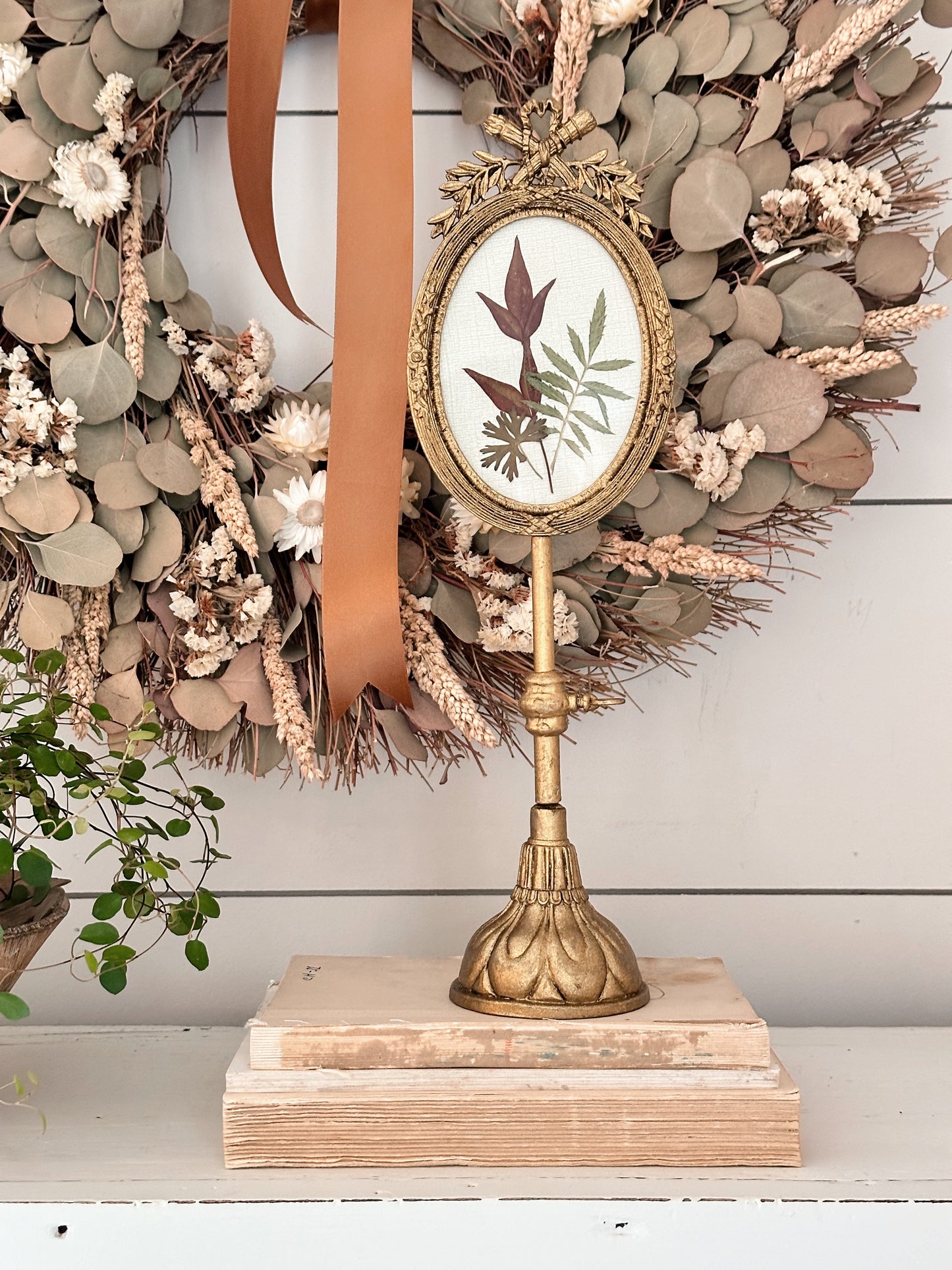 Fancy Pedestal Photo Frame with Pressed Fall Flowers