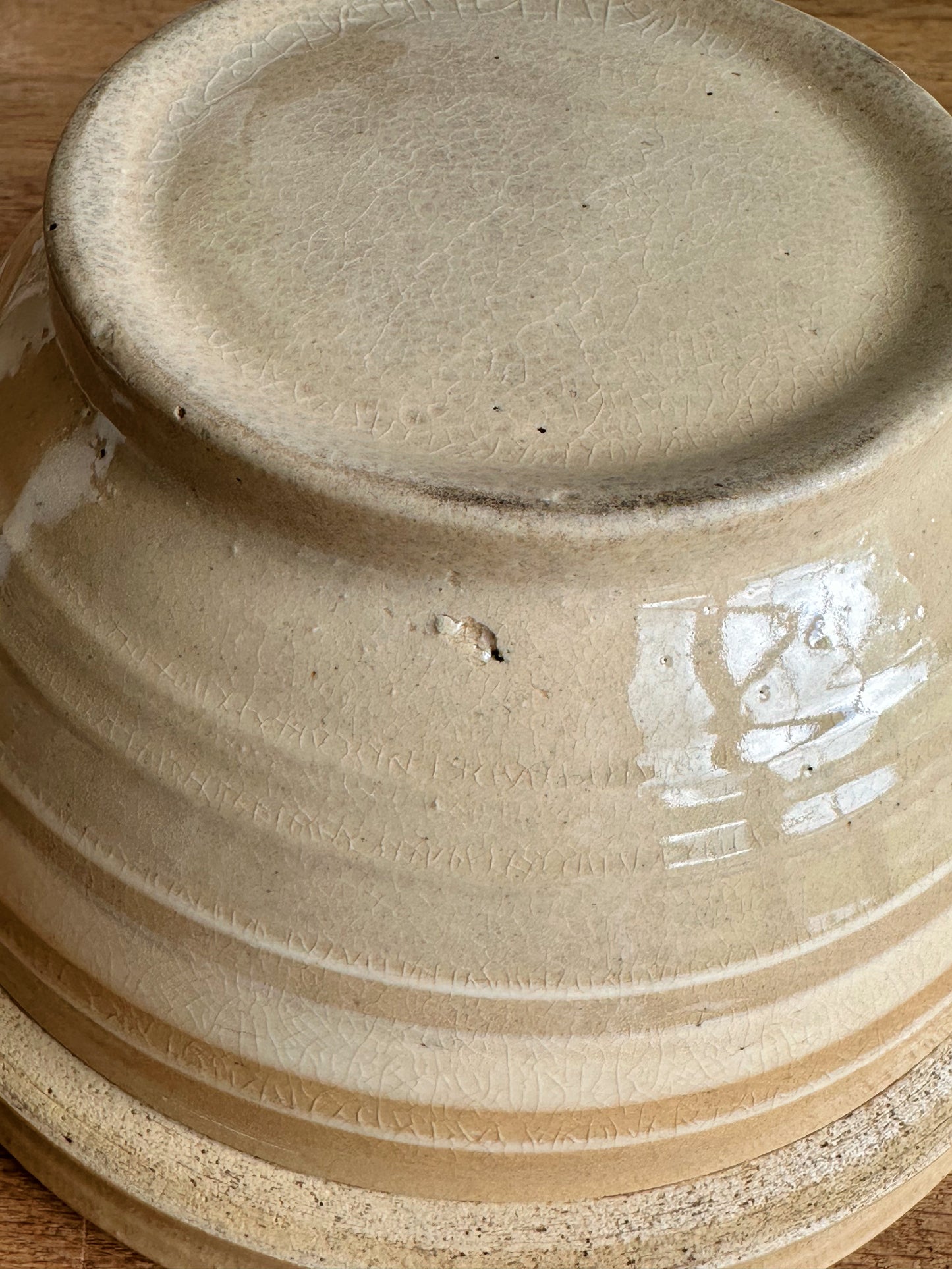 Vintage Stoneware Bowl with Three White Stripes