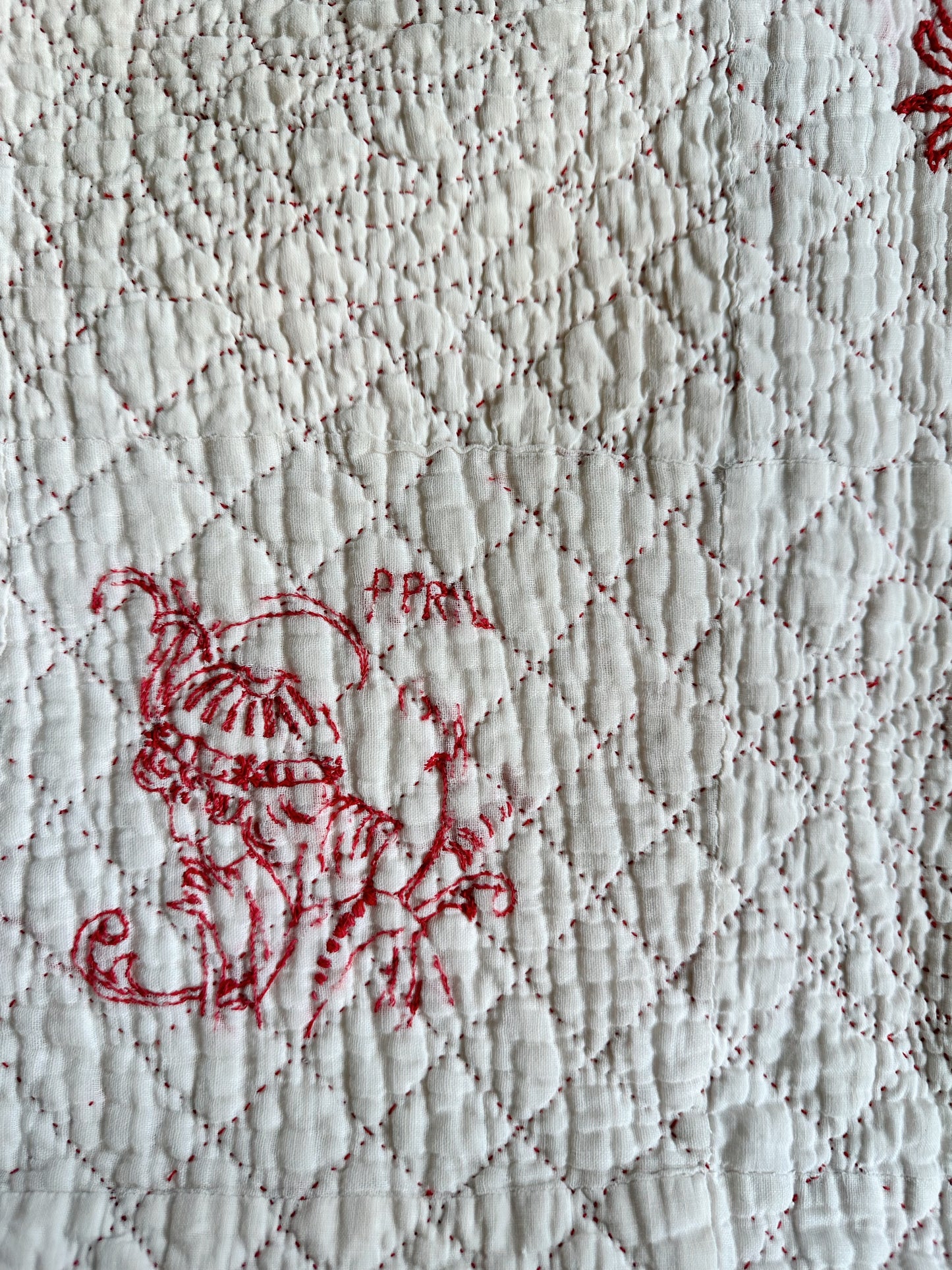 Antique Early 20th Century Redwork Embroidered Hand-Quilted Quilt