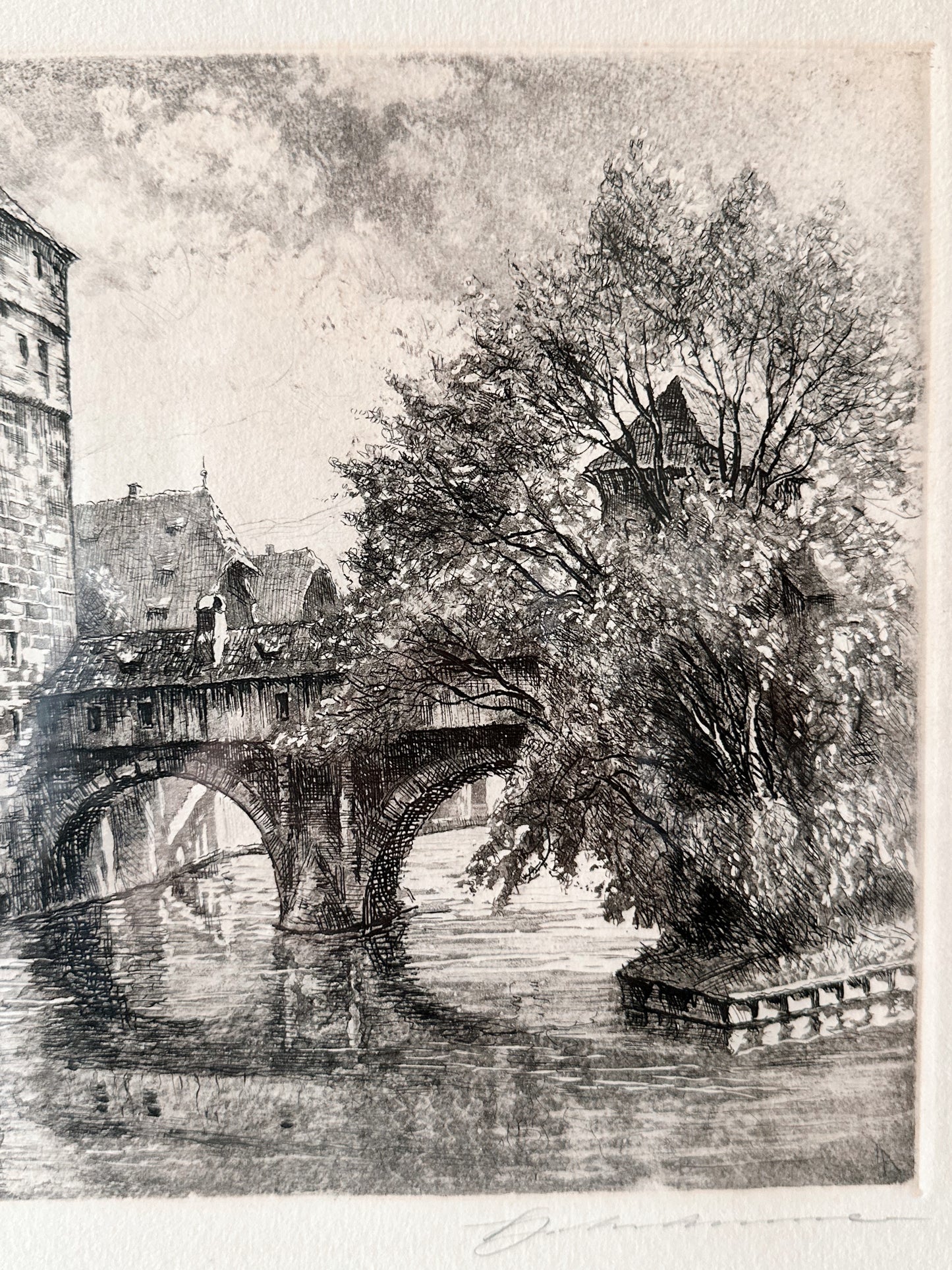 Vintage Signed Etching of the Nuremberg Germany Hangman’s Bridge Canal