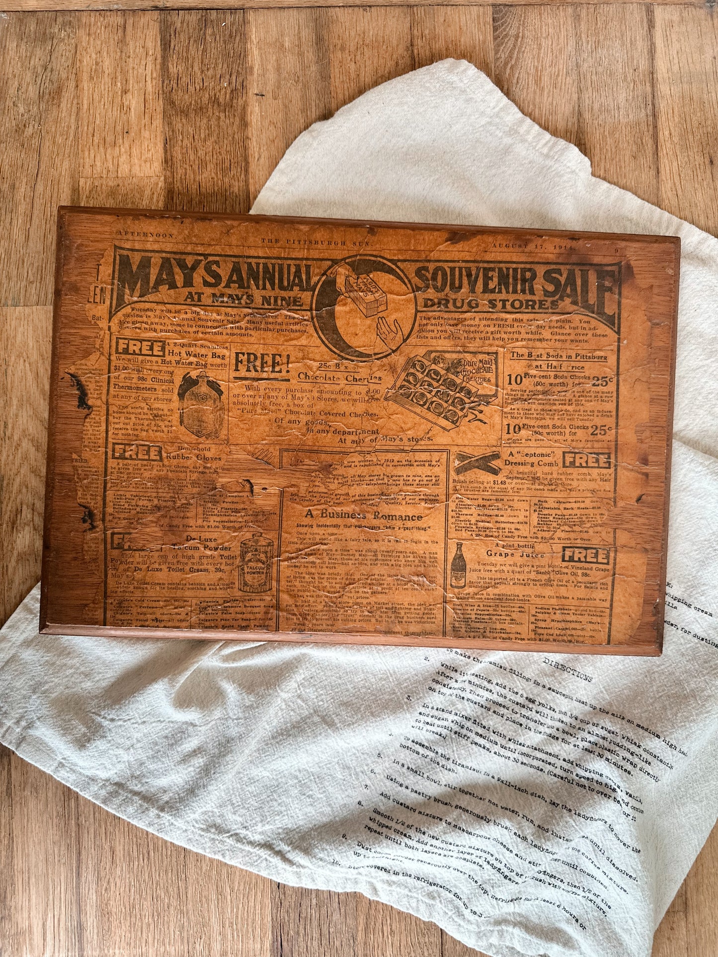 Antique 1914 Pittsburgh Sun May Drug Company Newspaper Advertisement on Wood