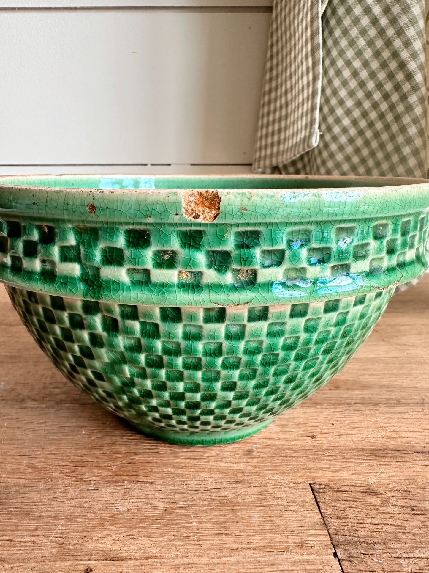 Vintage Green Checkerboard Stoneware Bowl