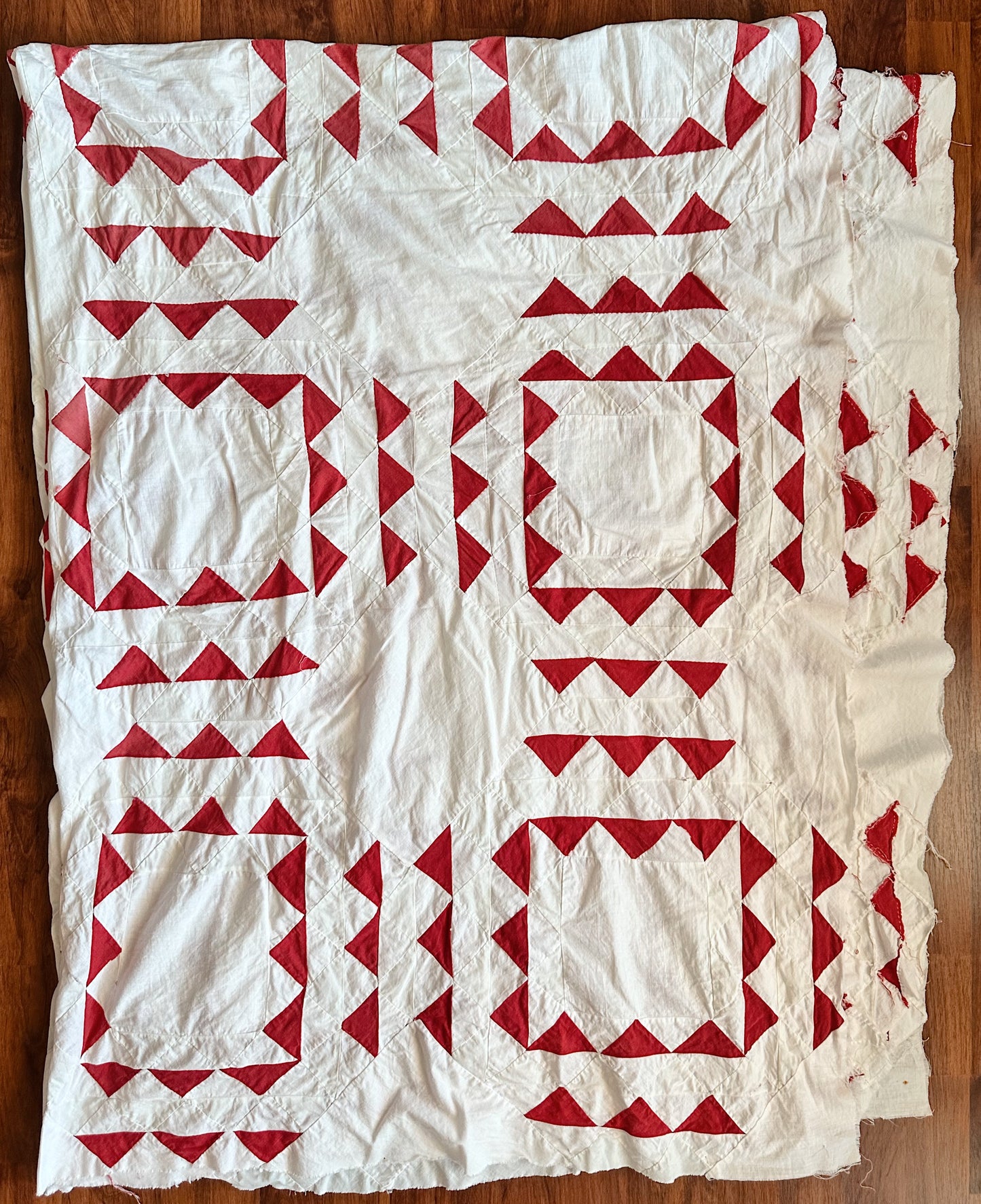 Antique Hand Pieced Turkey Red & White Sawtooth Quilt Top