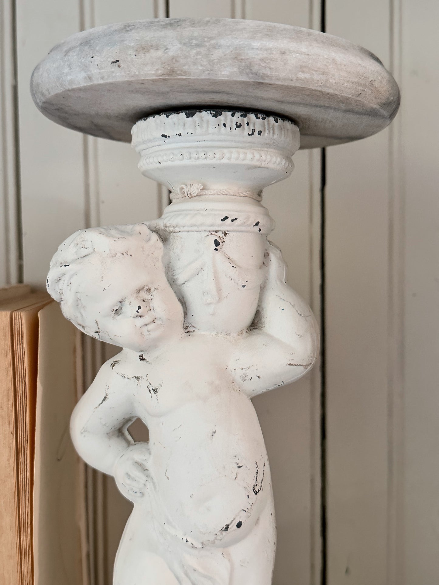 Vintage Metal & Alabaster Garden Statue, Plant Stand