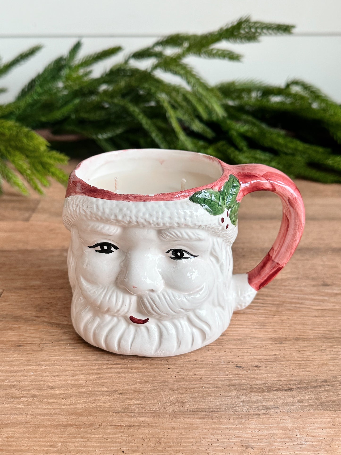 Hand Poured Peppermint Latte Candle in a Hand Painted Santa Mug