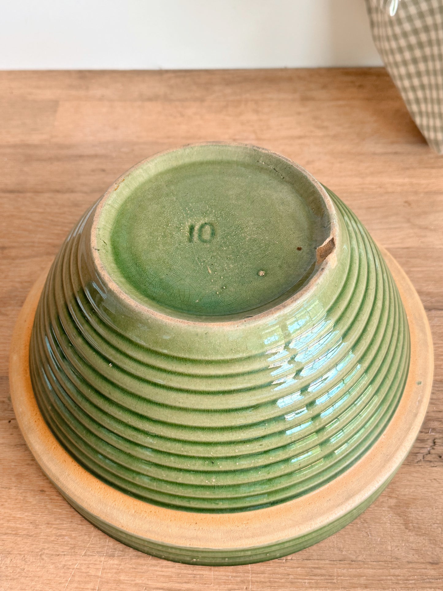 Vintage Green Ribbed Stoneware Mixing Bowl