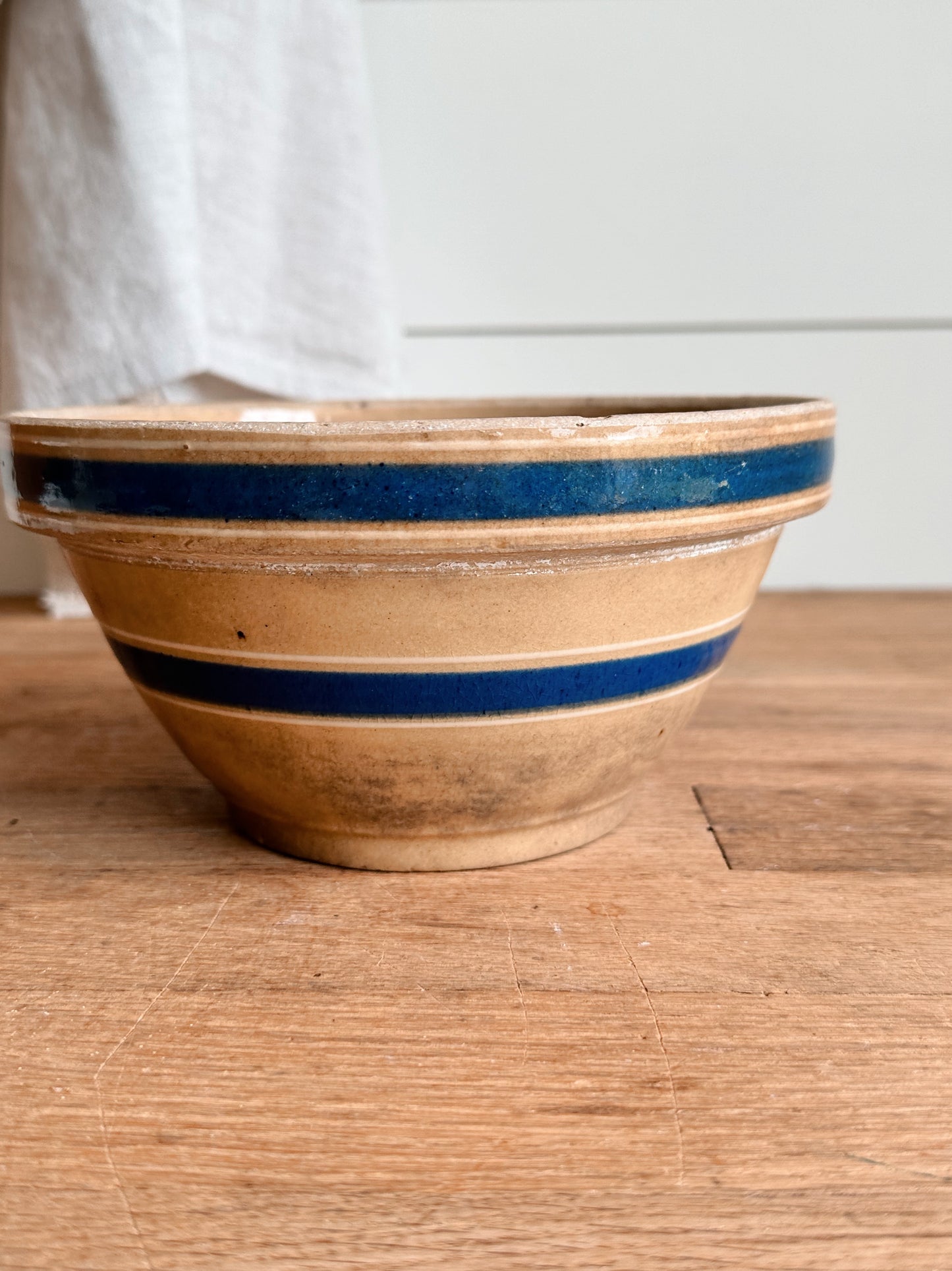 Beautifully Stained Yellow Ware Stoneware Bowl with Blue Stripes