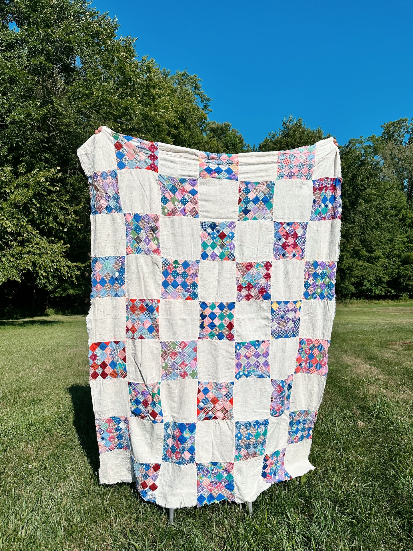 Depression Era Patchwork Scrap Utility Quilt Top With Repurposed Industrial Sack Borders
