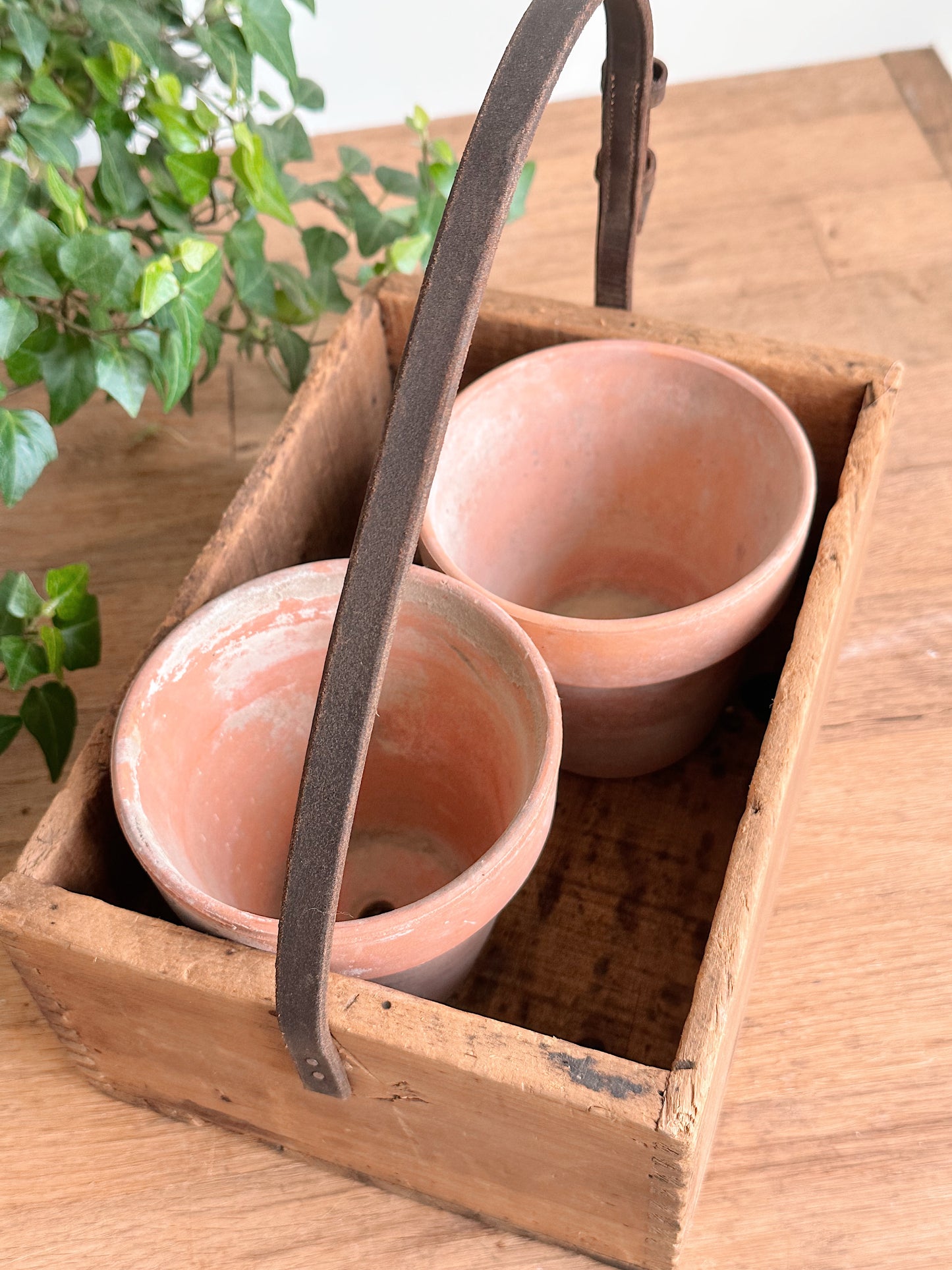 Vintage Handmade Advertising Wood Caddy & Pots