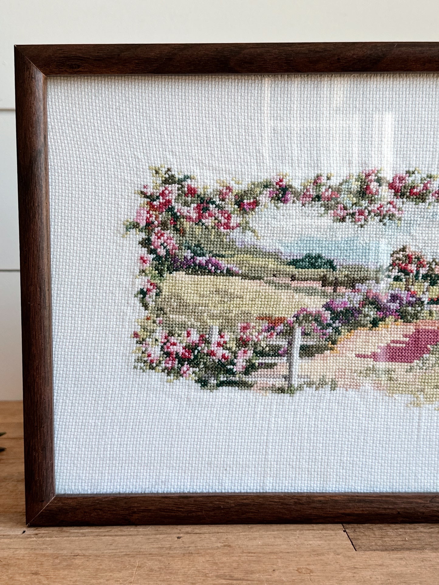 Vintage Framed Cross Stitch, Cottage with Sheep