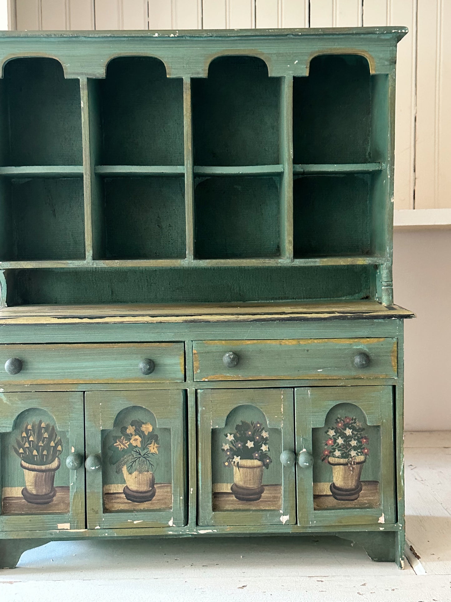 Vintage Tabletop Size Folk Art Painted Hutch