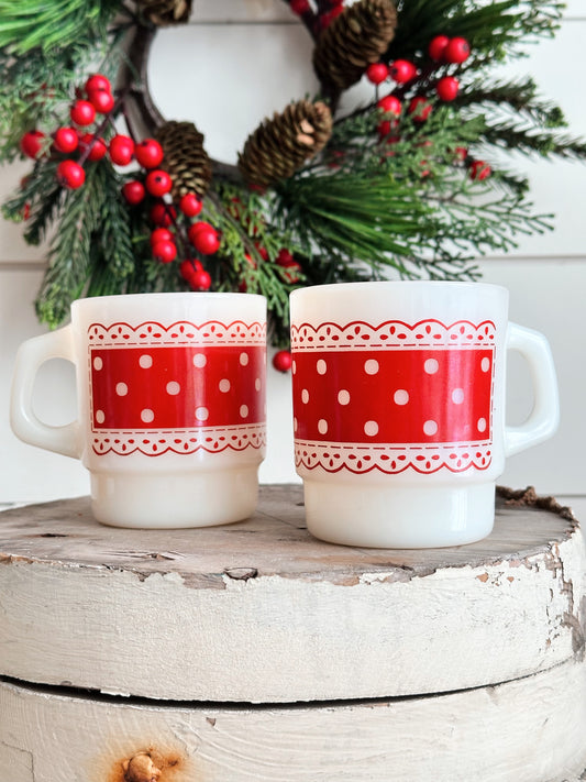 Pair of Polka Dot & Lace Fire King Mugs