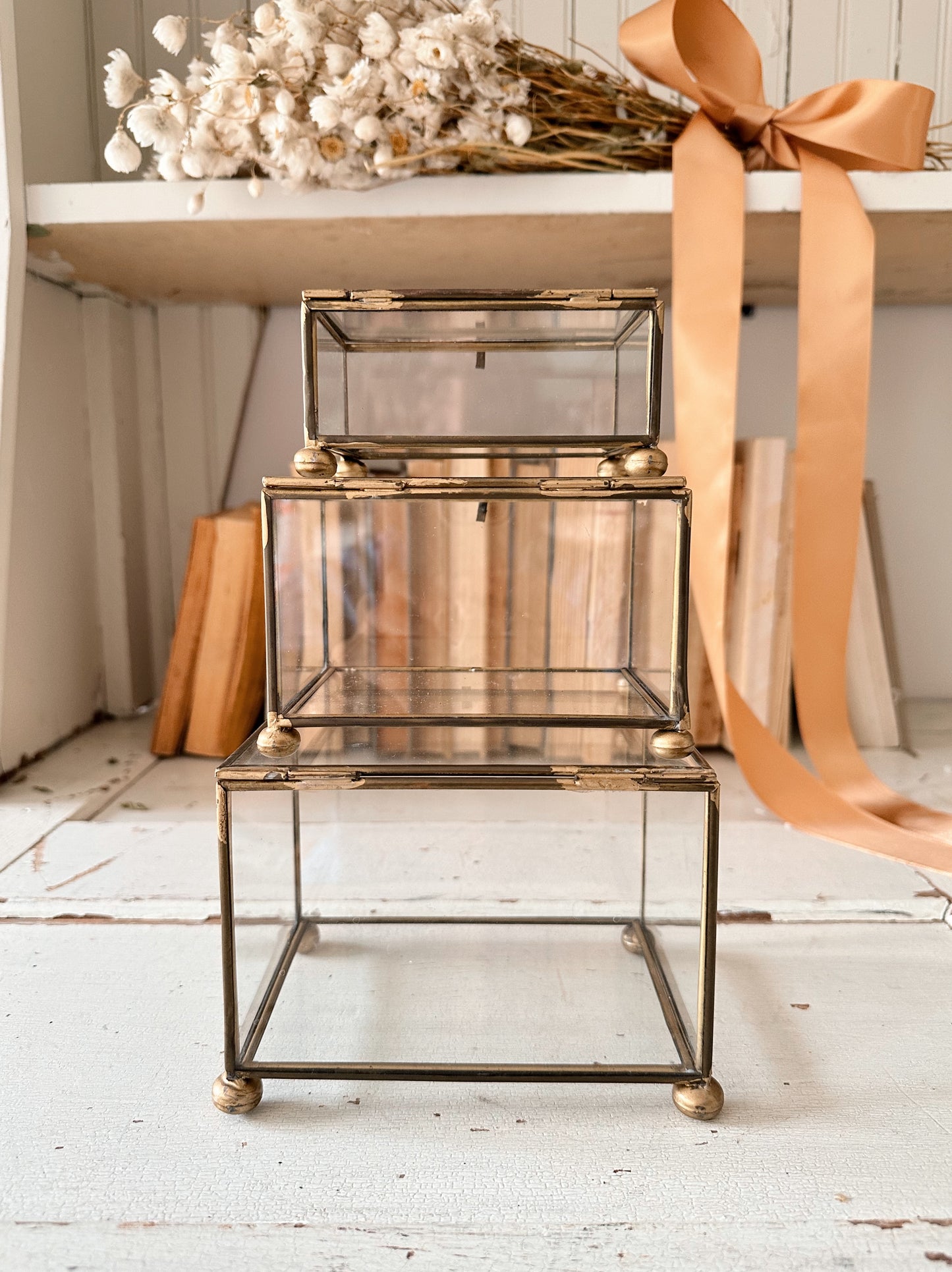 Collection of Three Found Dainty Brass & Glass Boxes