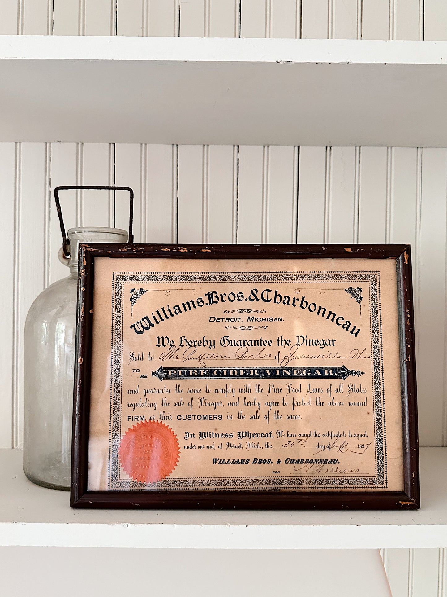 1897 Antique Framed Pure Cider Vinegar Certificate