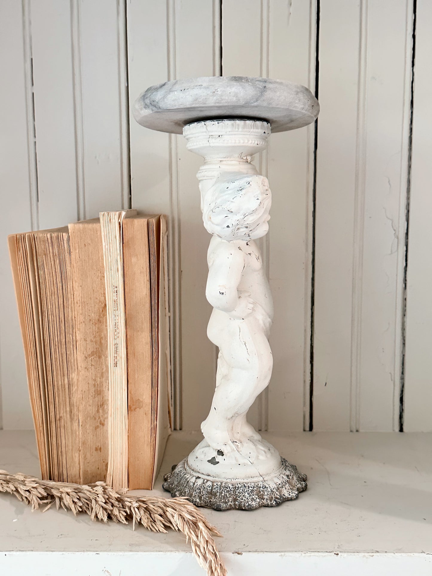 Vintage Metal & Alabaster Garden Statue, Plant Stand