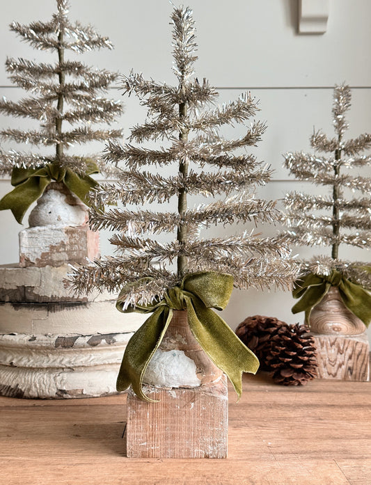 Salvaged Wood Base Tinsel Tree