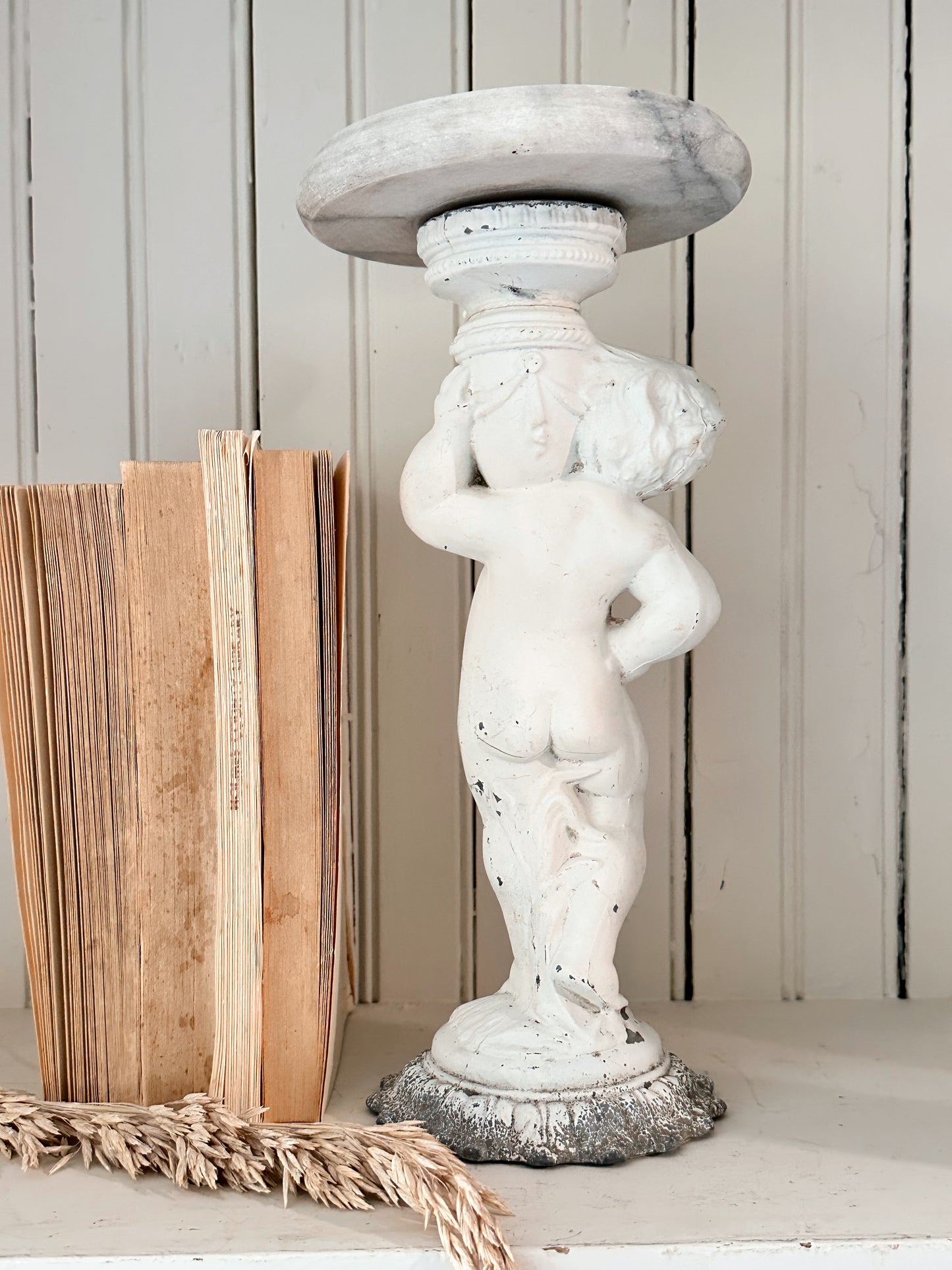 Vintage Metal & Alabaster Garden Statue, Plant Stand