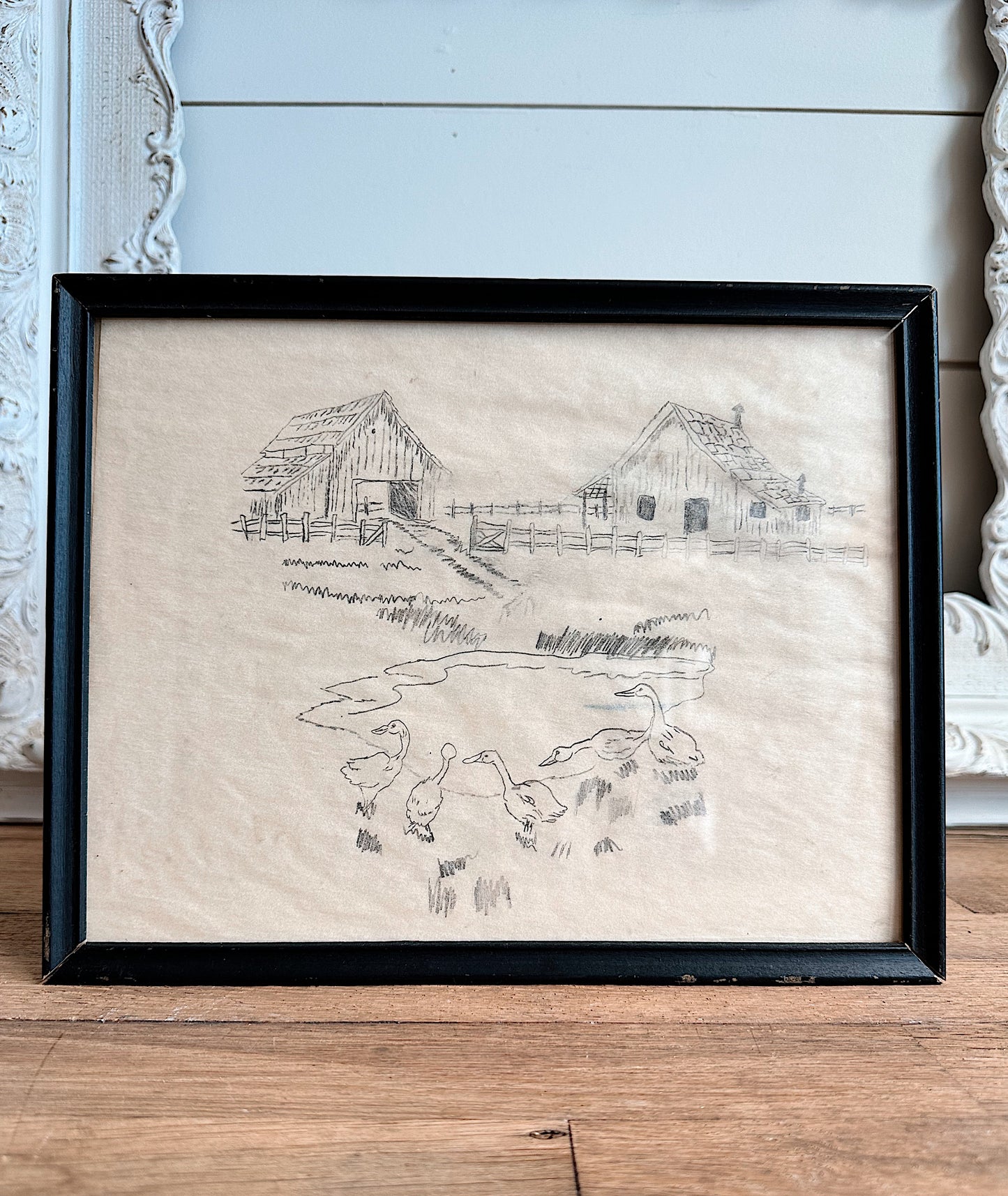 Vintage Pencil Sketch, Farm & Ducks