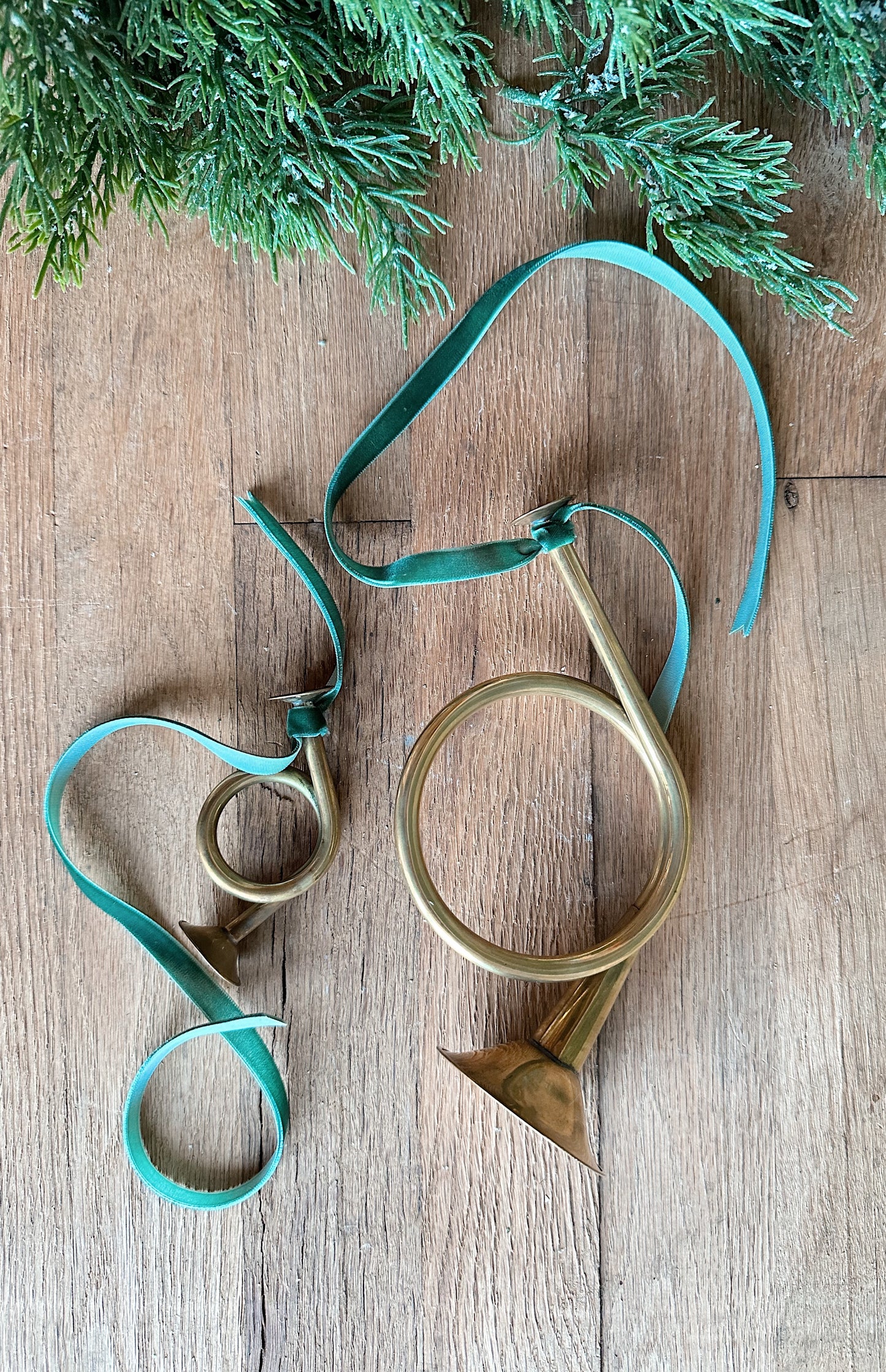 Set of Two Vintage Brass Horn Ornaments