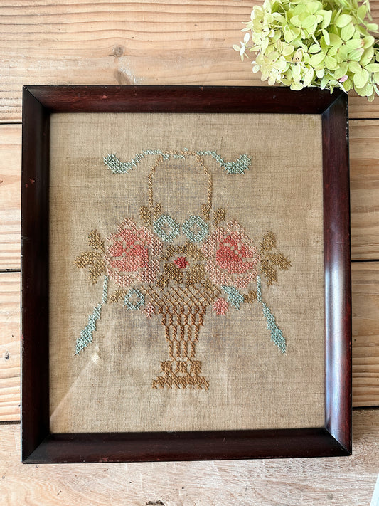 Vintage 1930s Hand-Stitched Floral Basket Embroidery