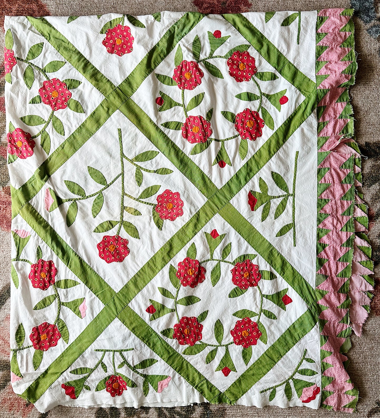 Vintage Hand Appliqué Flower Trellis Quilt Top