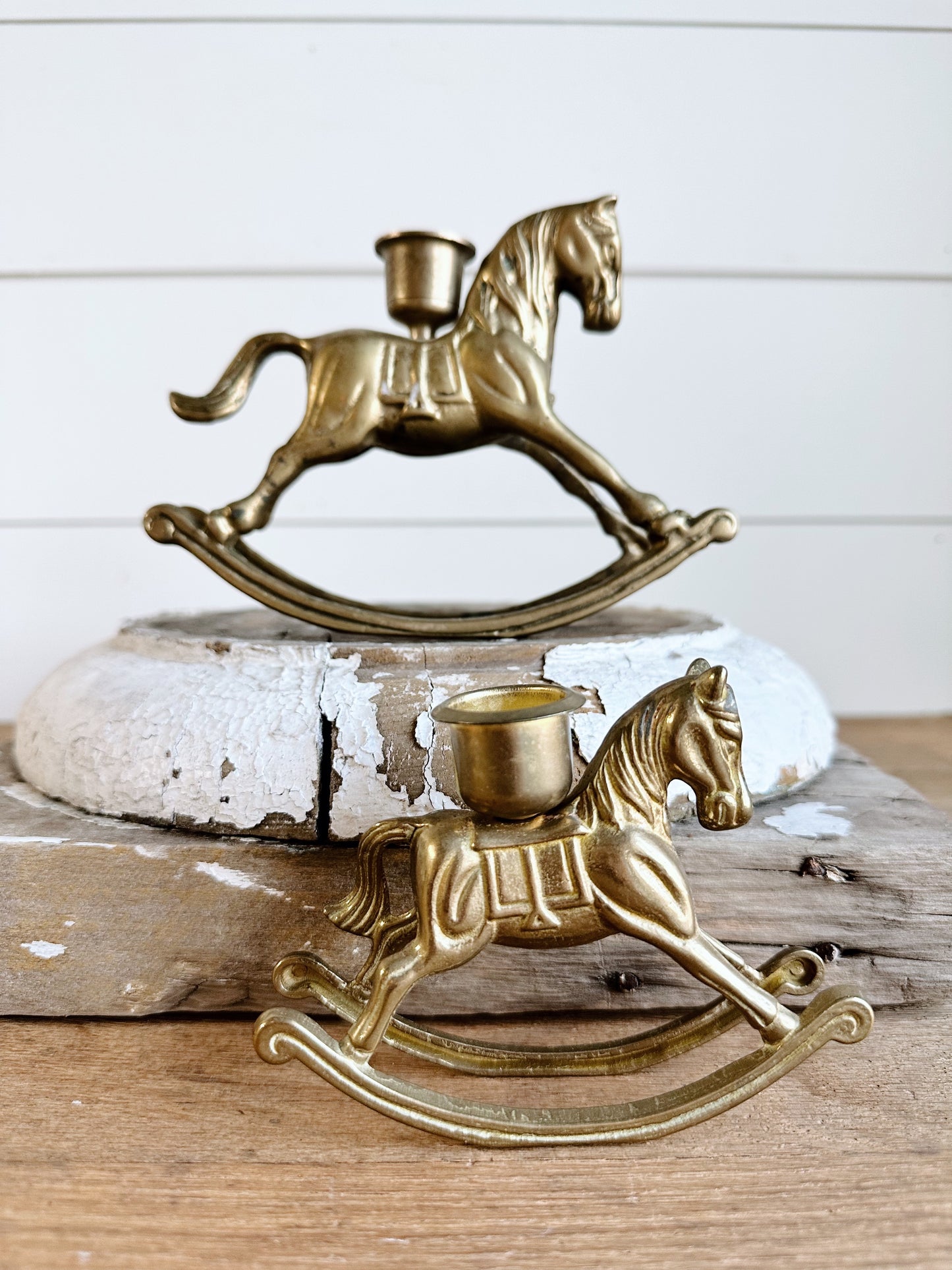 Pair of Vintage Brass Rocking Horse Candle Holders