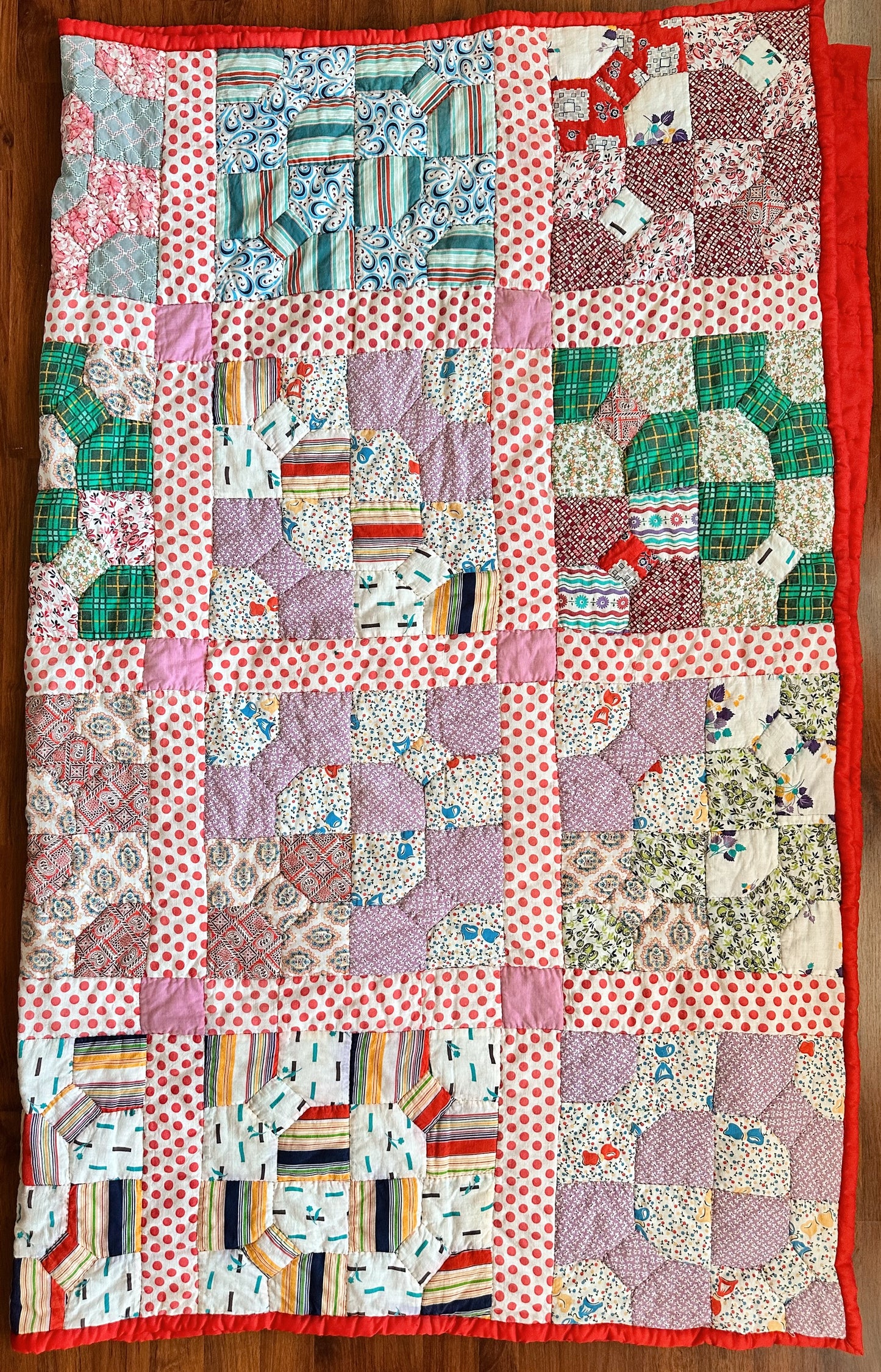 Hand Quilted Scrappy Cotton Quilt, Snowball & Bow Tie Variation