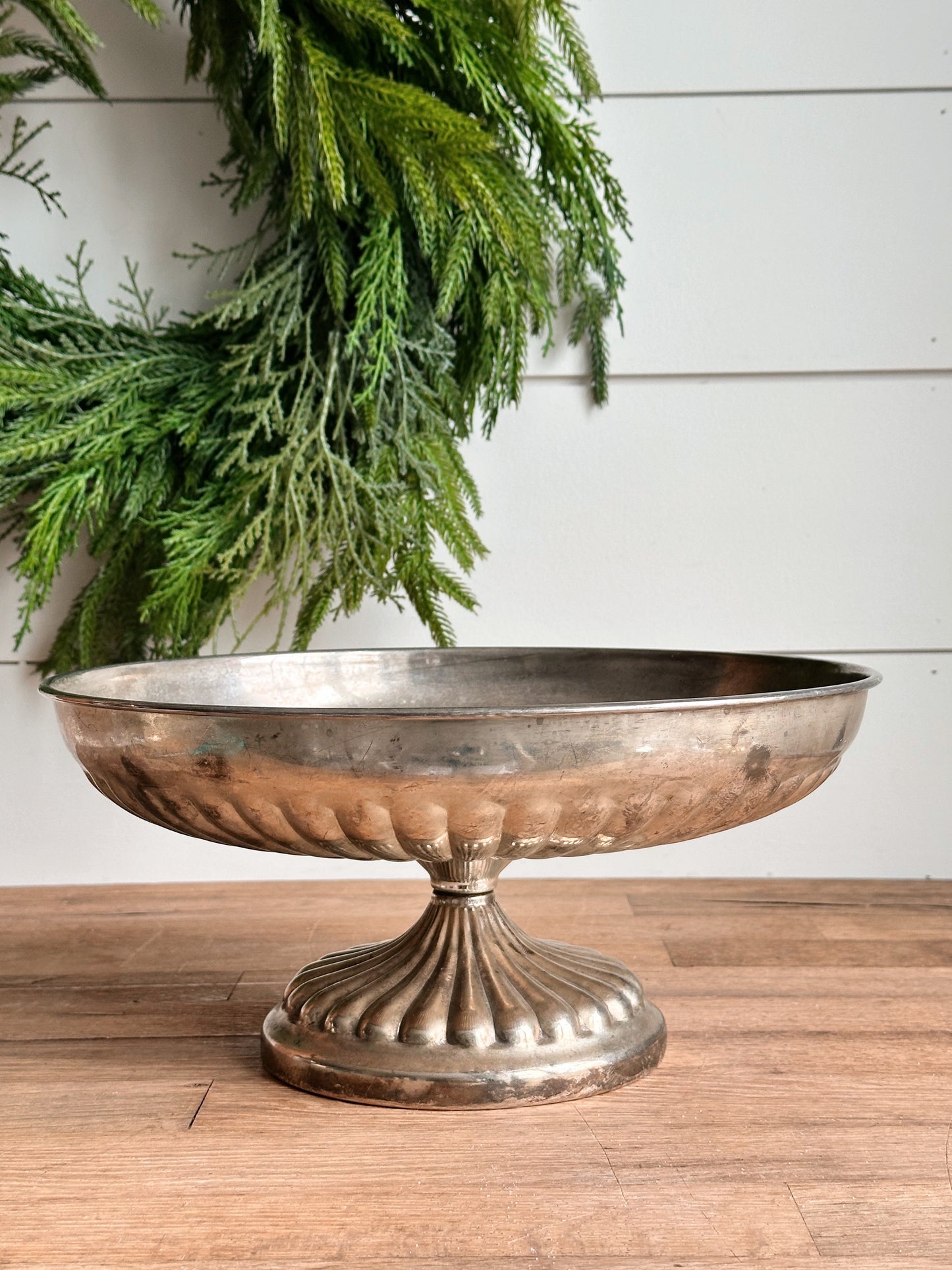 Vintage Fluted Tin Pedestal Dish
