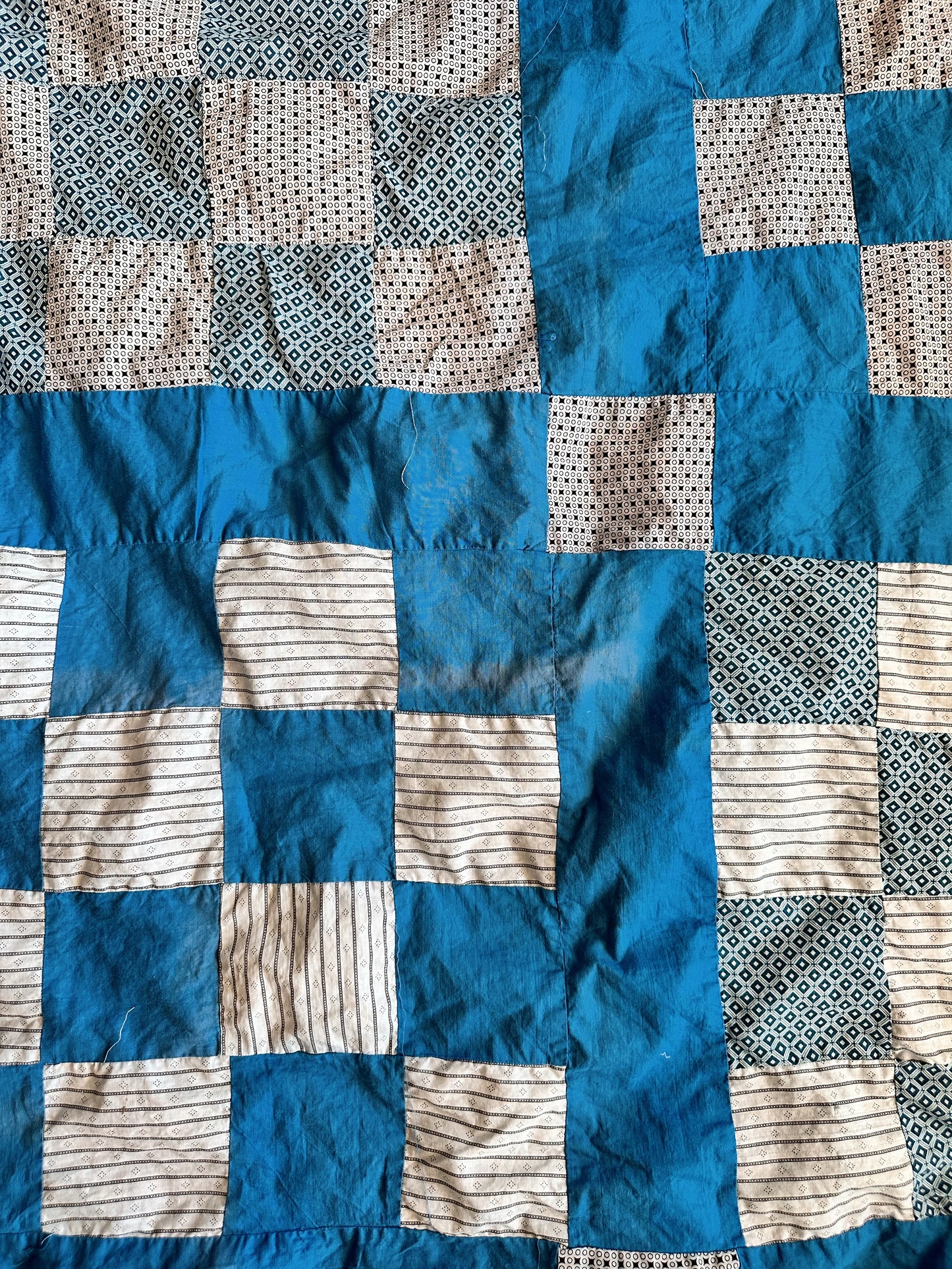 Vintage Hand Pieced Blue & White Cotton Checkerboard Quilt Top