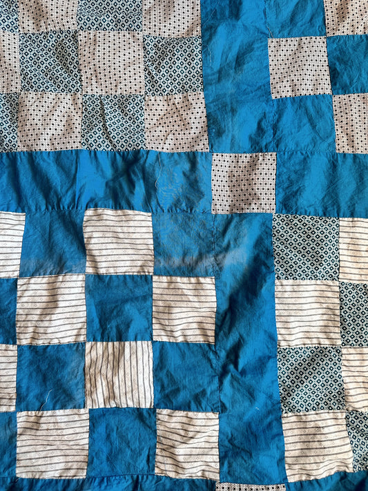 Vintage Hand Pieced Blue & White Cotton Checkerboard Quilt Top
